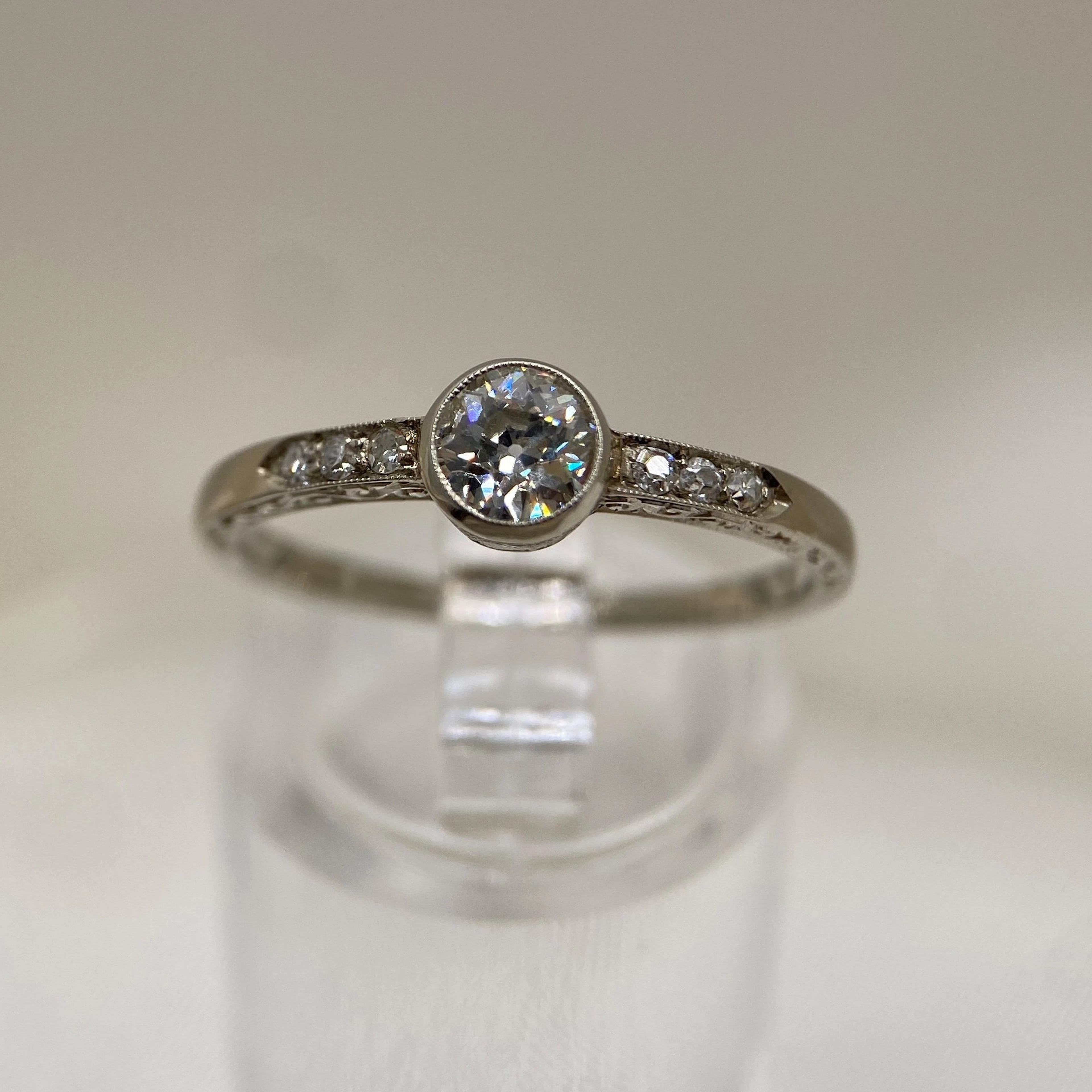 Vintage 14k white gold ring with Old European Cut diamond and octagonal