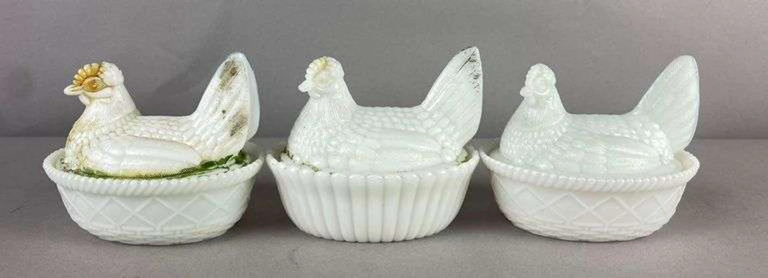 Group of 3 Antique 1930’s Indiana Glass Company Clear Glass Hen on