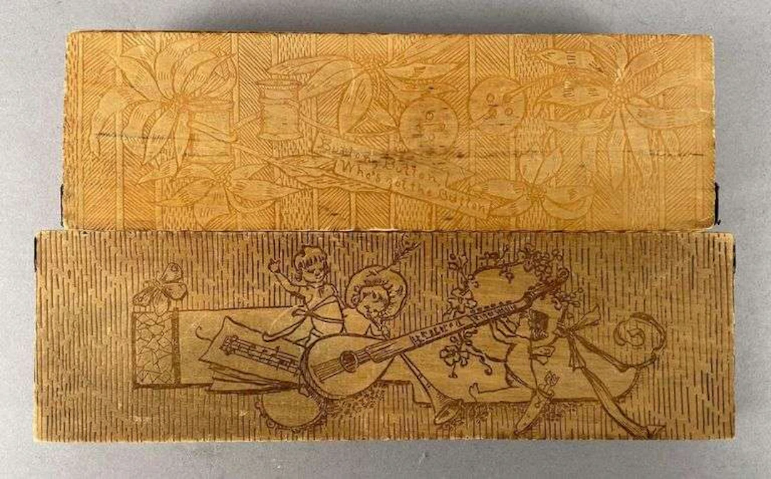Group of 2 Vintage Wood Pyrography Boxes