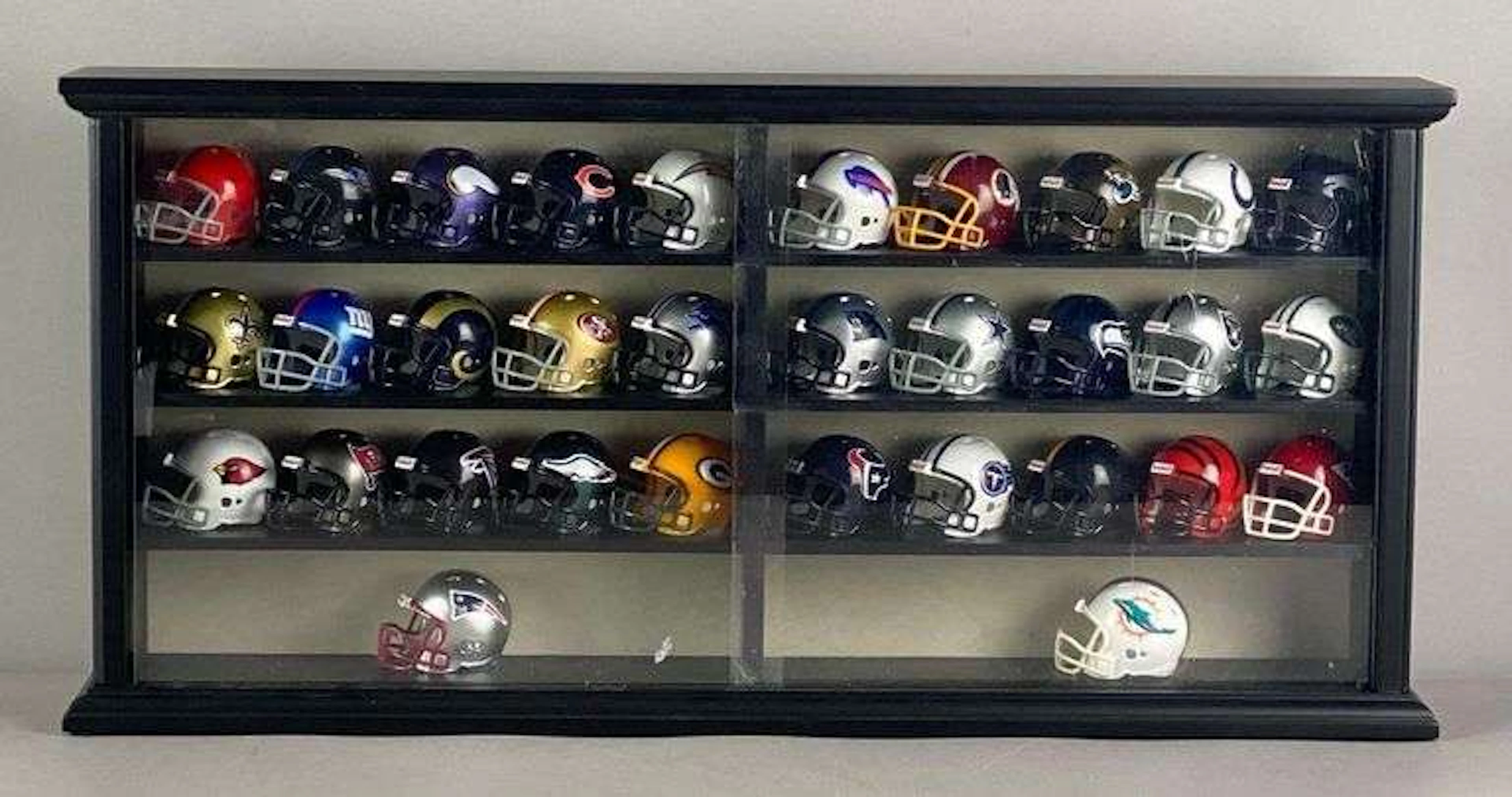 Complete 32 Piece Set of Miniature NFL Team Helmets in Display Case