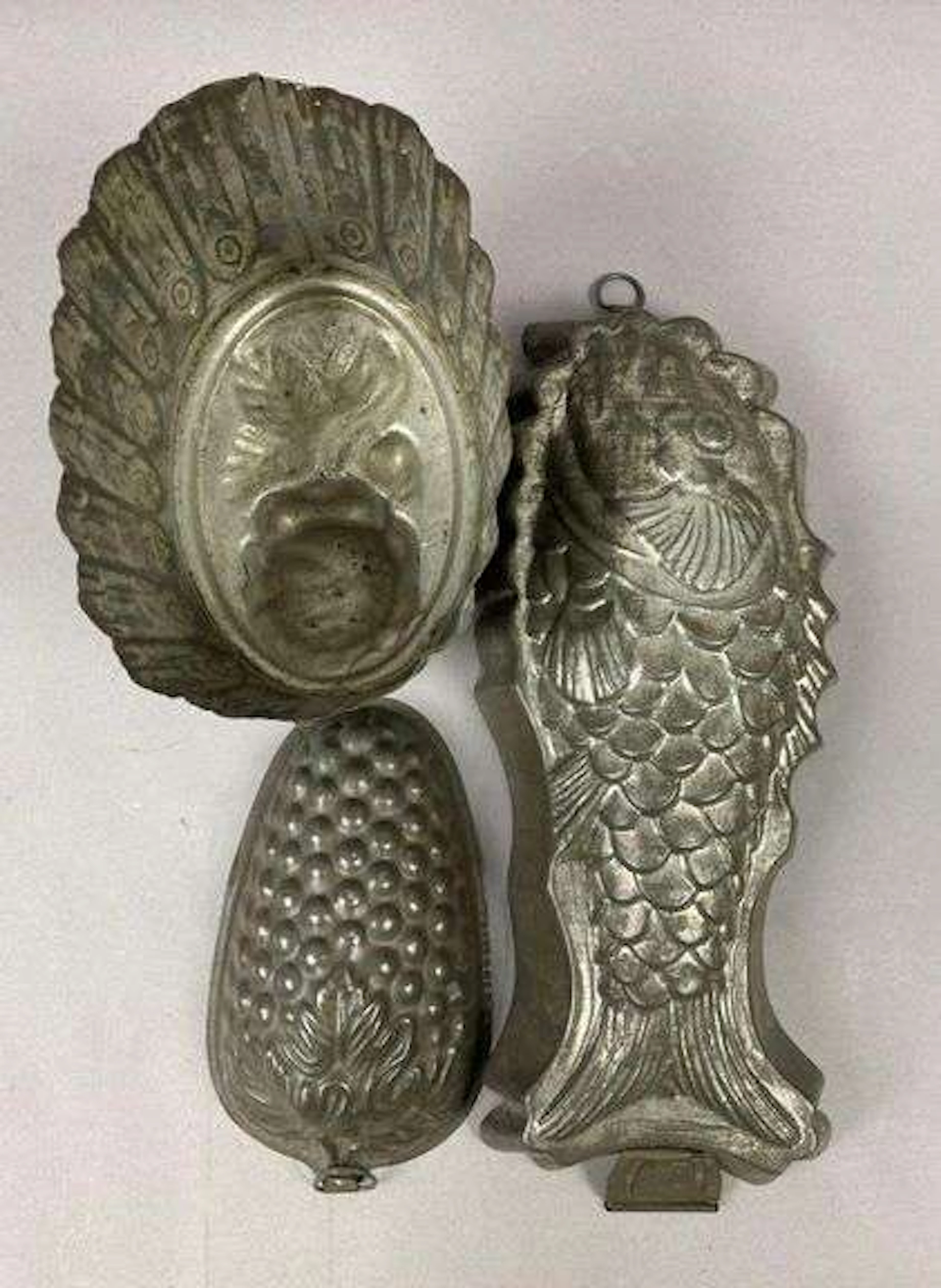Group of 3 Antique Tin Fish Shaped Kitchen Molds and More