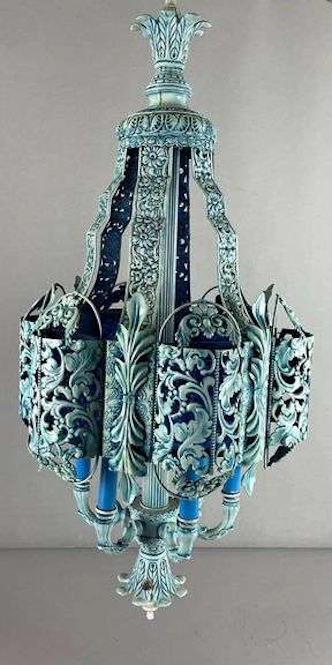 Hollywood Regency Turquoise Painted Ornate Metal Chandelier