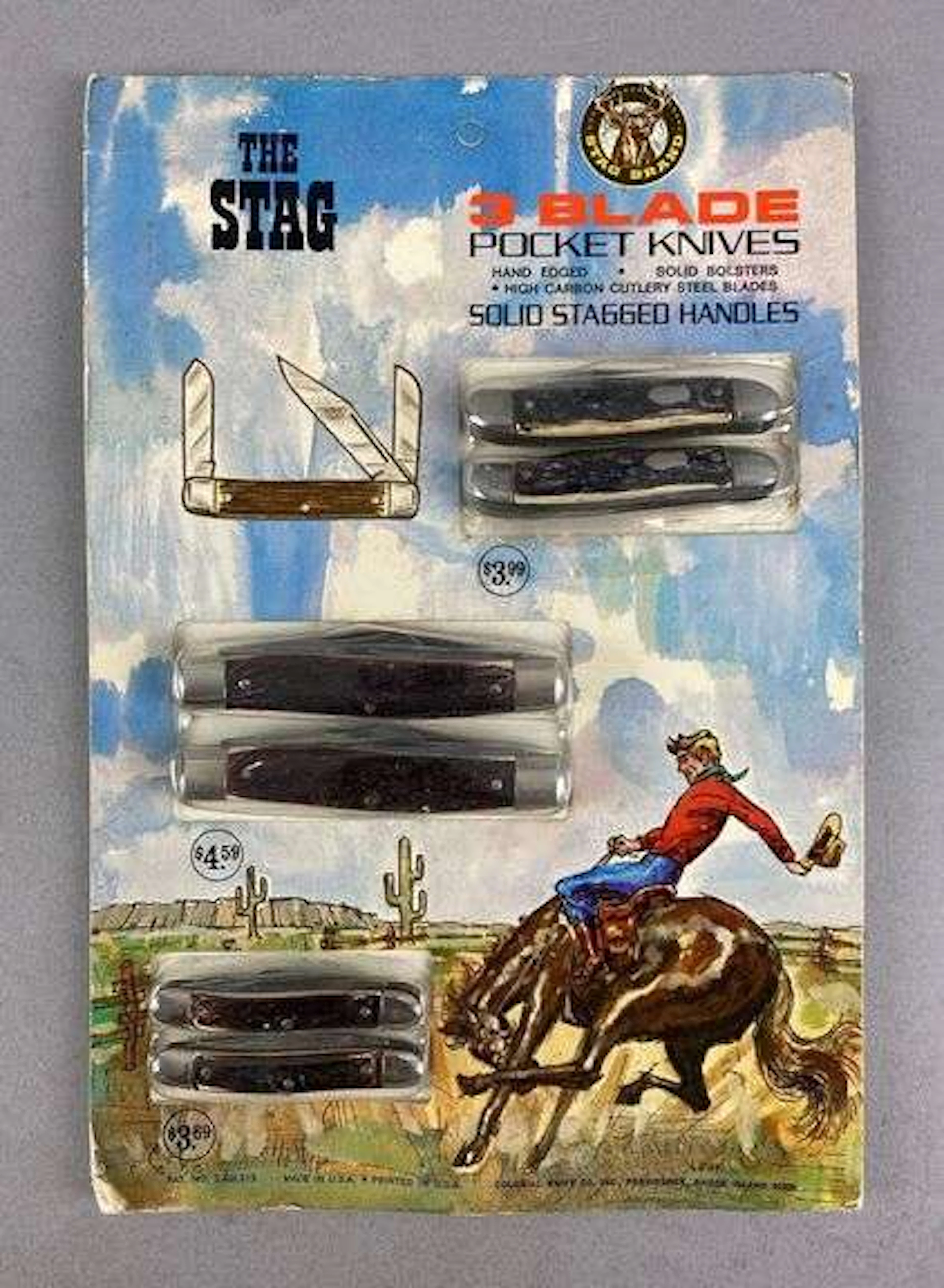 Vintage Stag Brand 3 Blade Stag Handle Pocket Knives Set