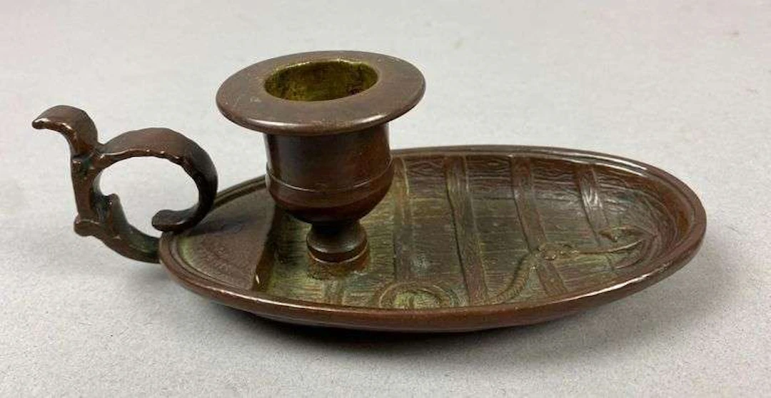 Antique Victorian Era Brass Wood Boat Style Chamber-stick Candle Holder