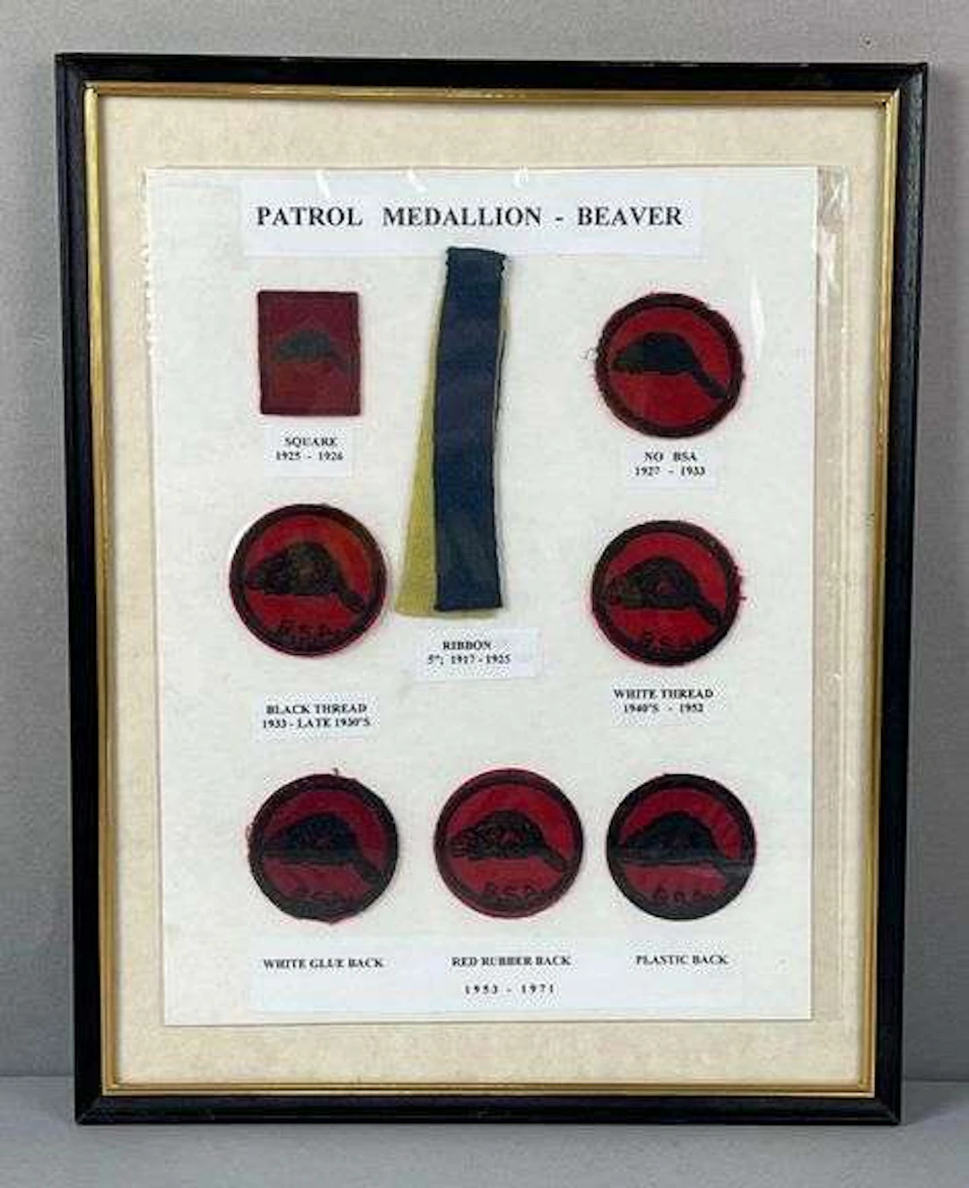 Group of 7 Boy Scouts of America Beaver Badges and More in a Frame