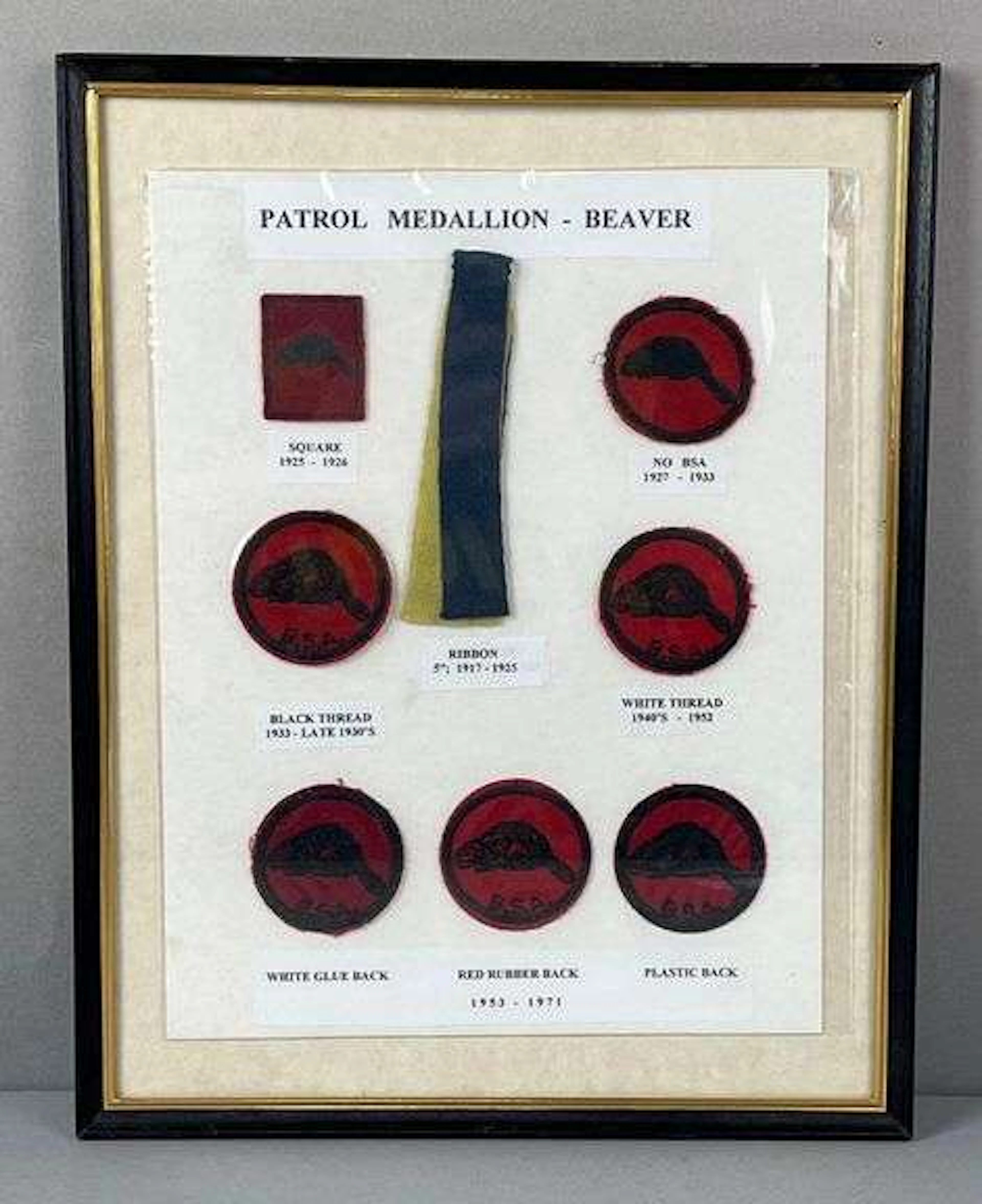 Group of 7 Boy Scouts of America Beaver Badges and More in a Frame
