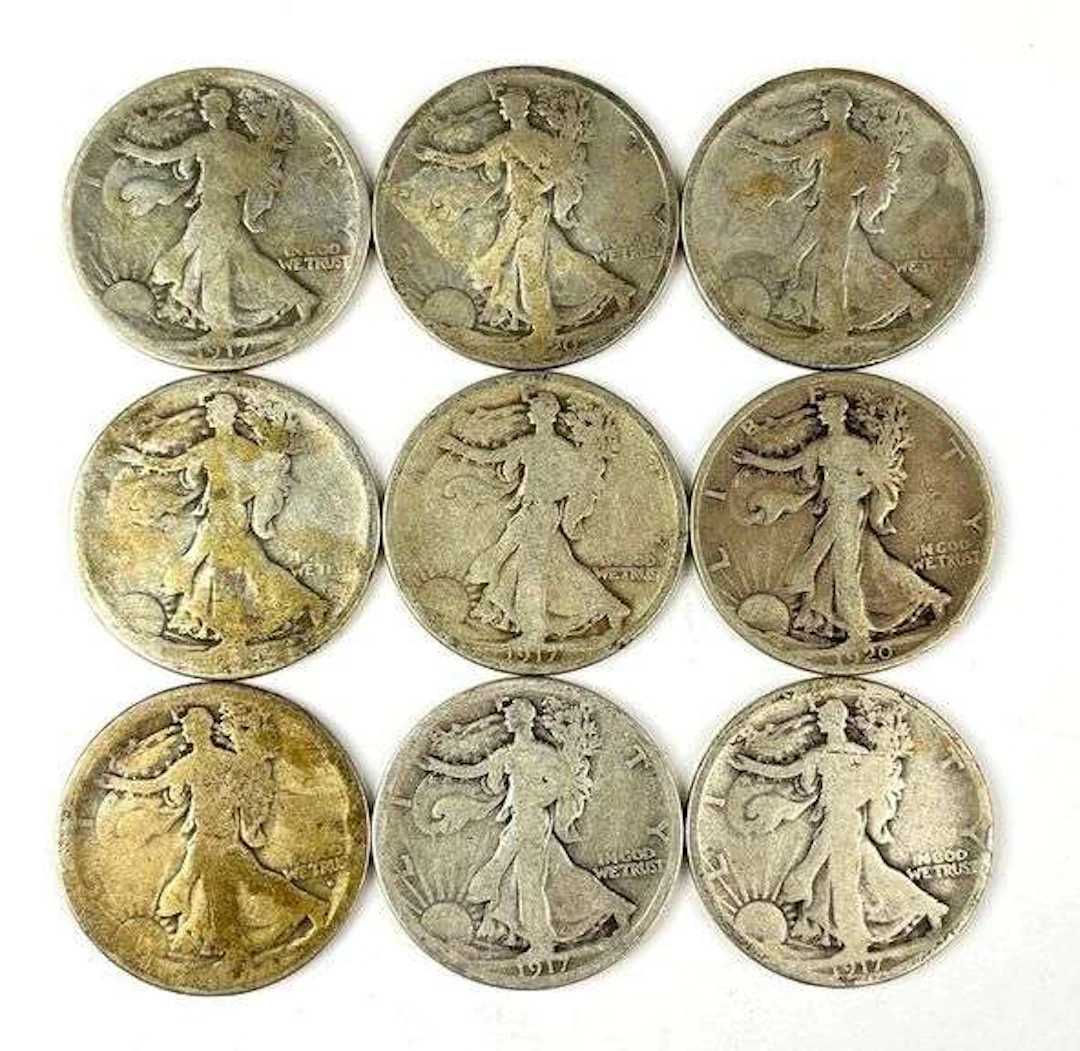 p of 9 US Walking Liberty 90% Silver Half Dollars