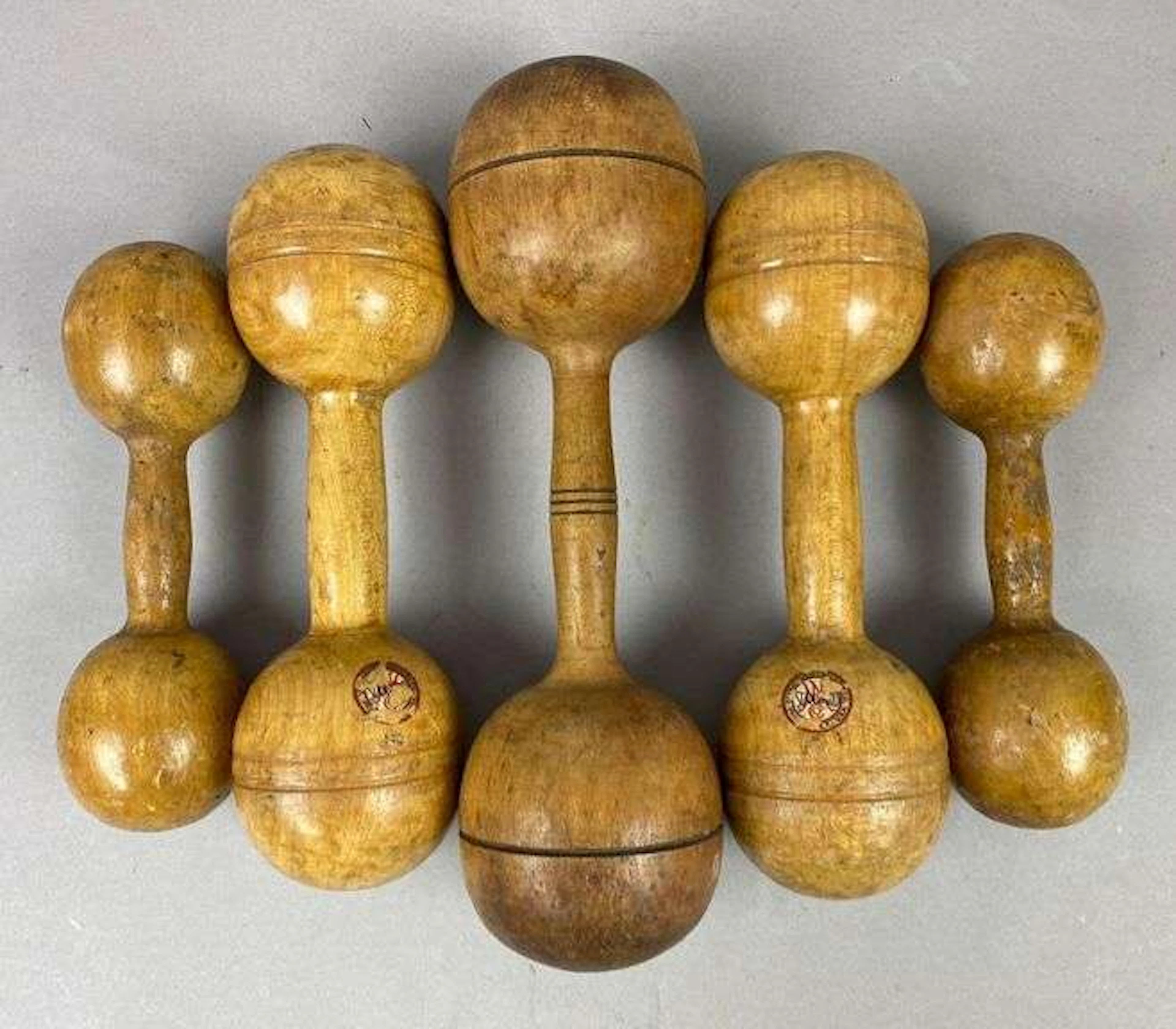 Group of 5 Antique Victorian Era Turned Wood Dumbells