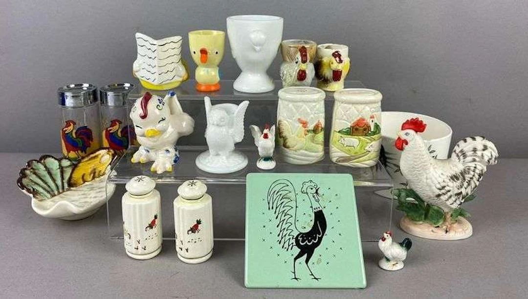 Group of Rooster Themed Egg Cup Holders and More