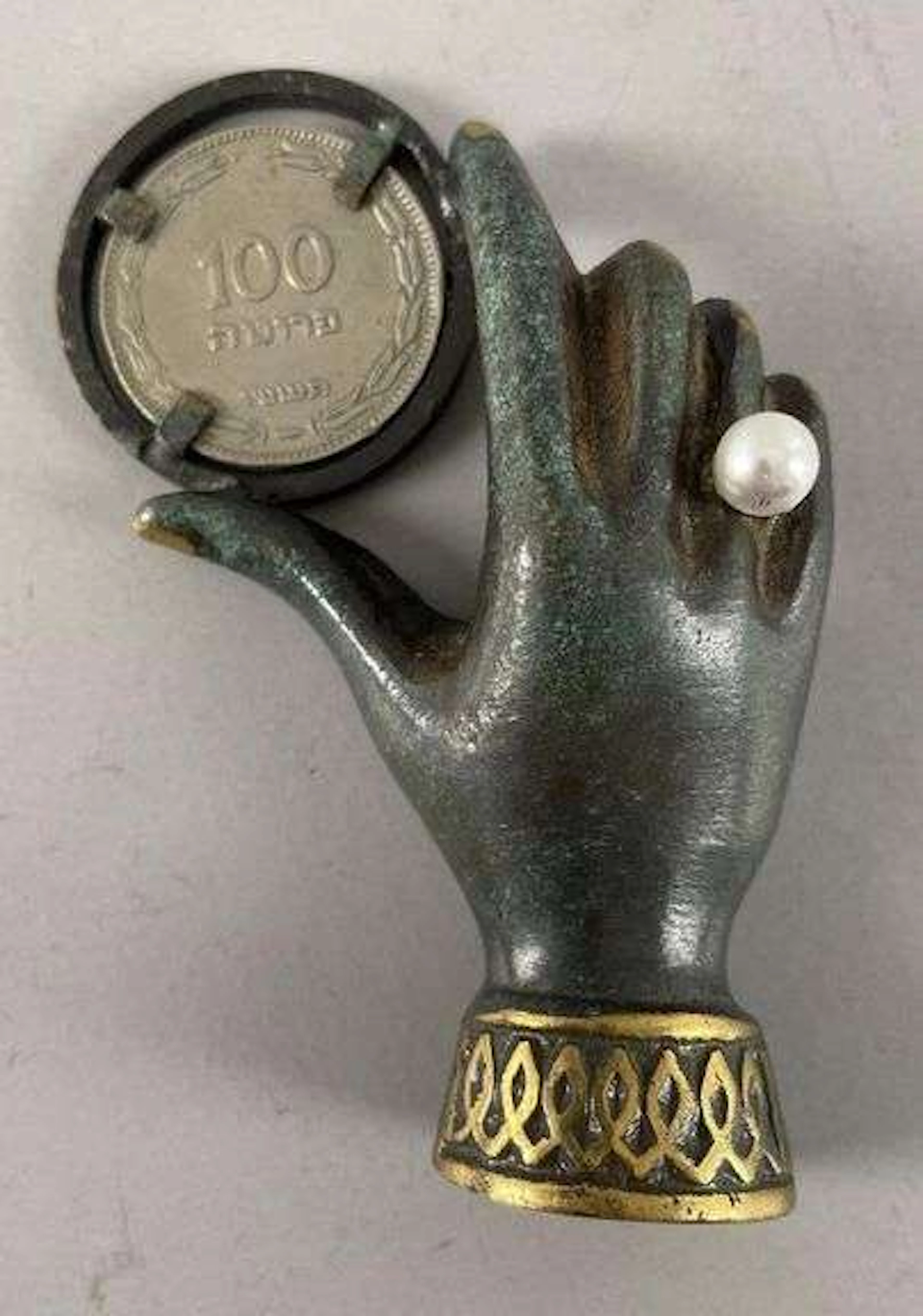 Vintage Bronze Judaica Hand with Coin Paperweight