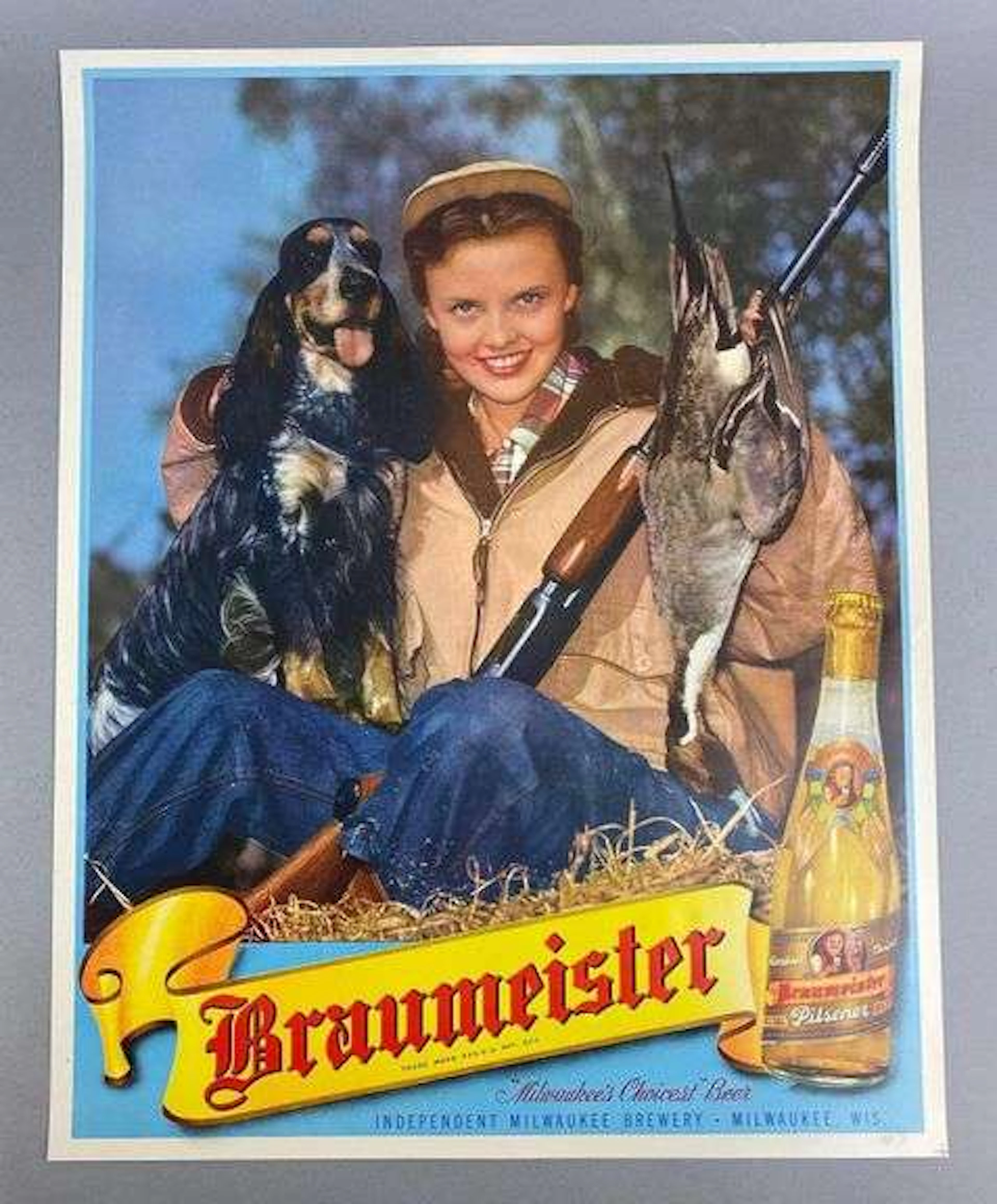 Vintage 1950s Braumeister Lady Fishing Advertising Poster