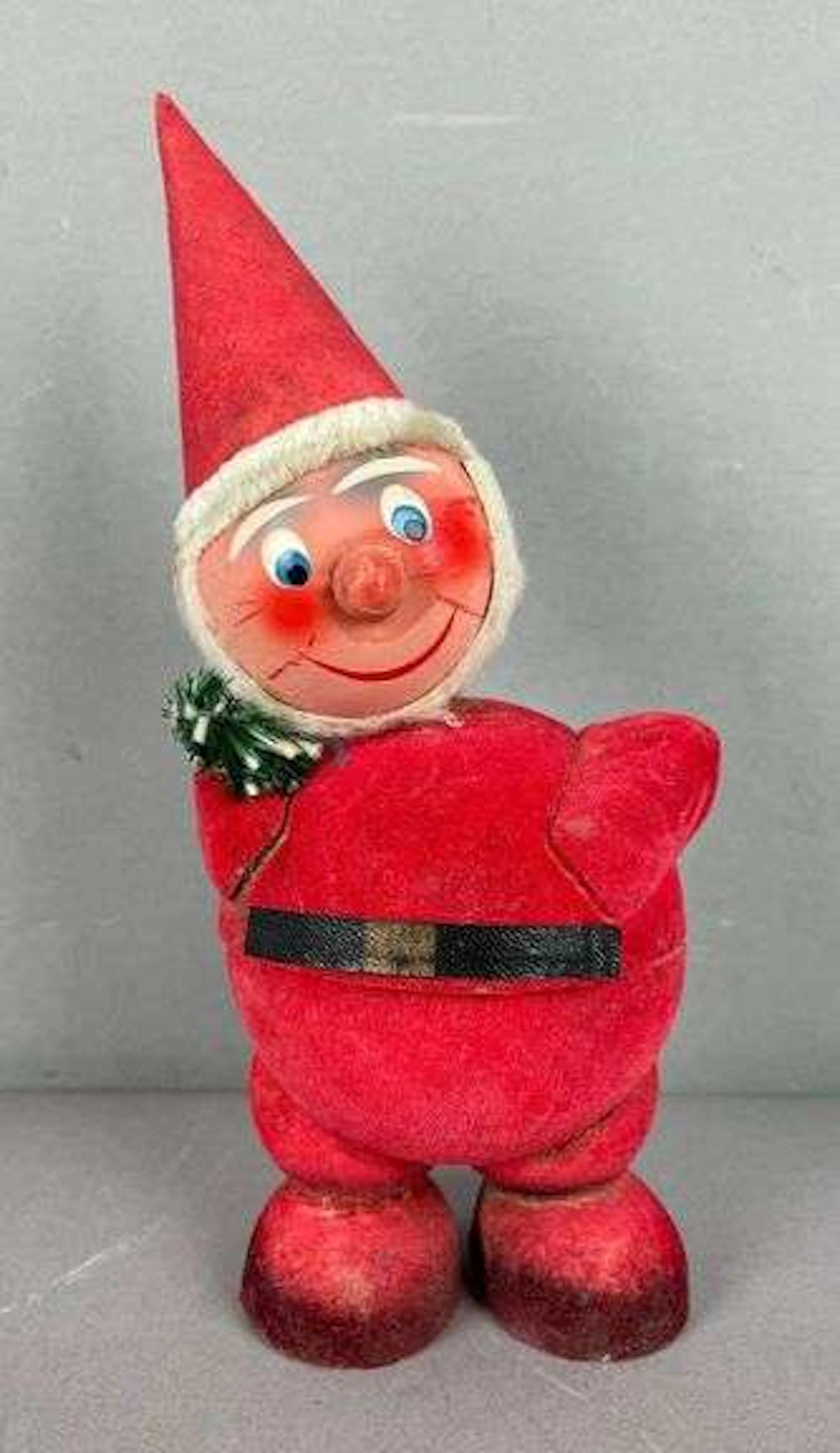 Vintage Western German Flocked Cardboard Bobblehead Elf Candy Container