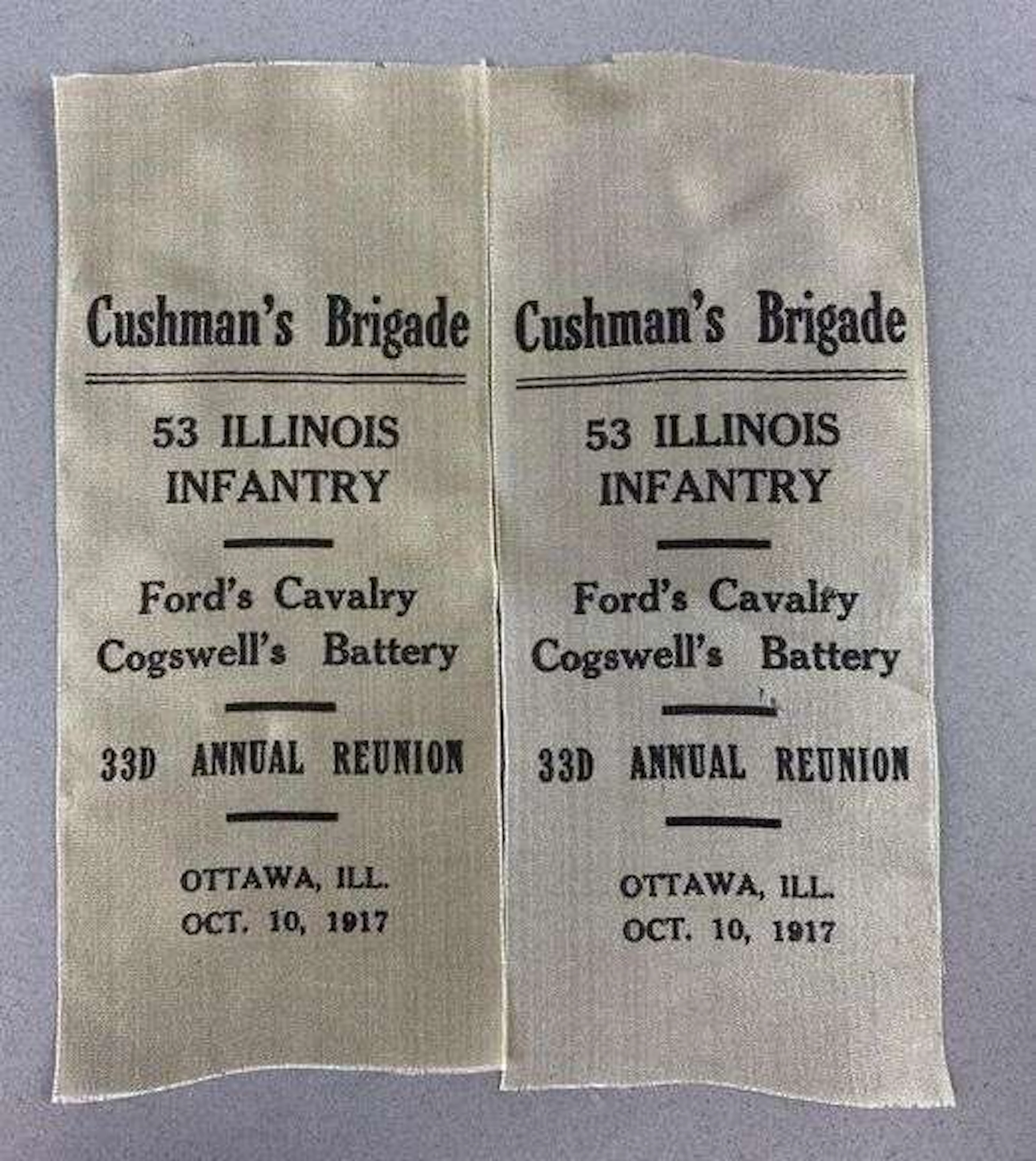 Group of 2 Antique 1917 Civil War 53rd Infantry Reunion Ribbons