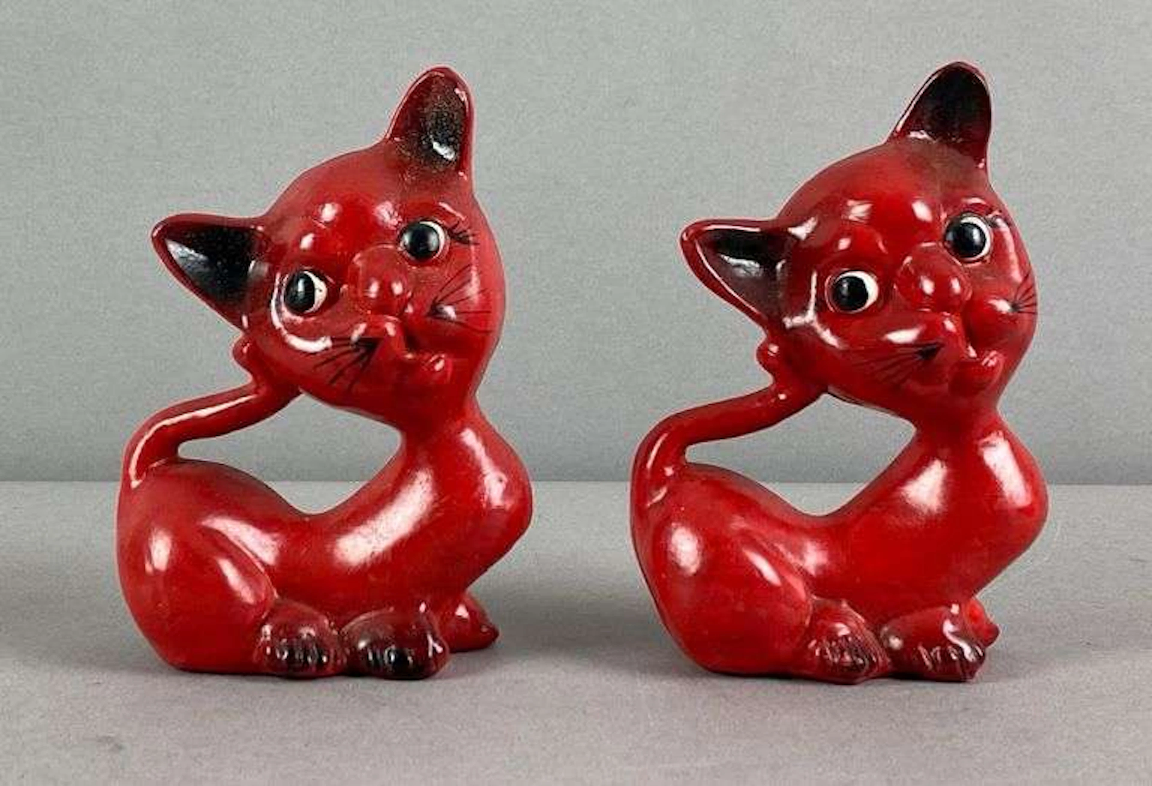 Group of 2 MCM Red Plaster Cat Figurines