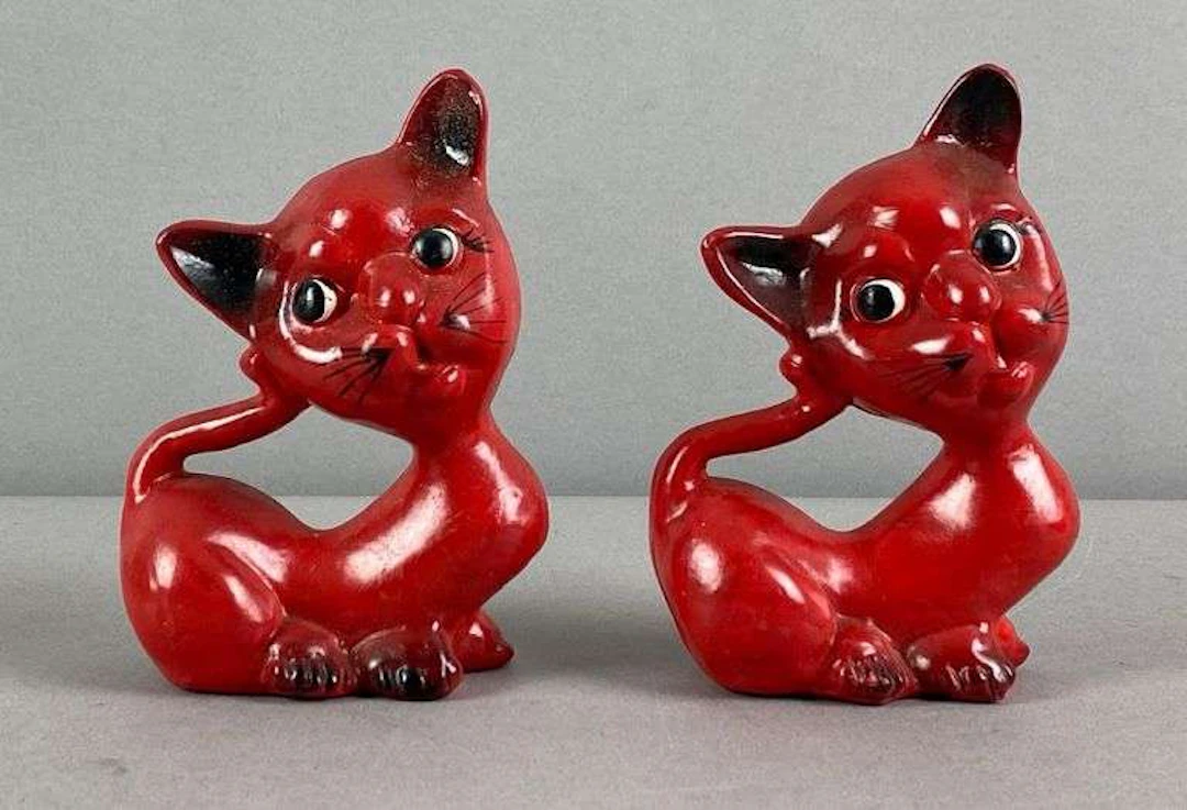 Group of 2 MCM Red Plaster Cat Figurines