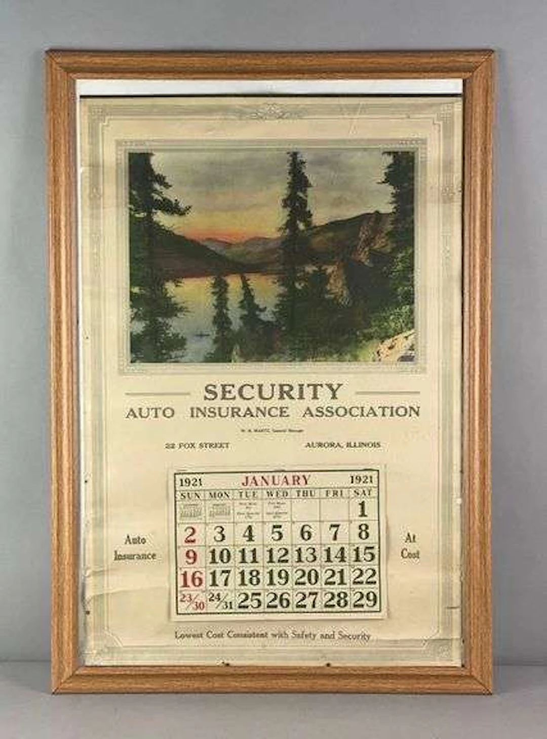 1921 Security Auto Insurance Assoc. Framed Art Calendar