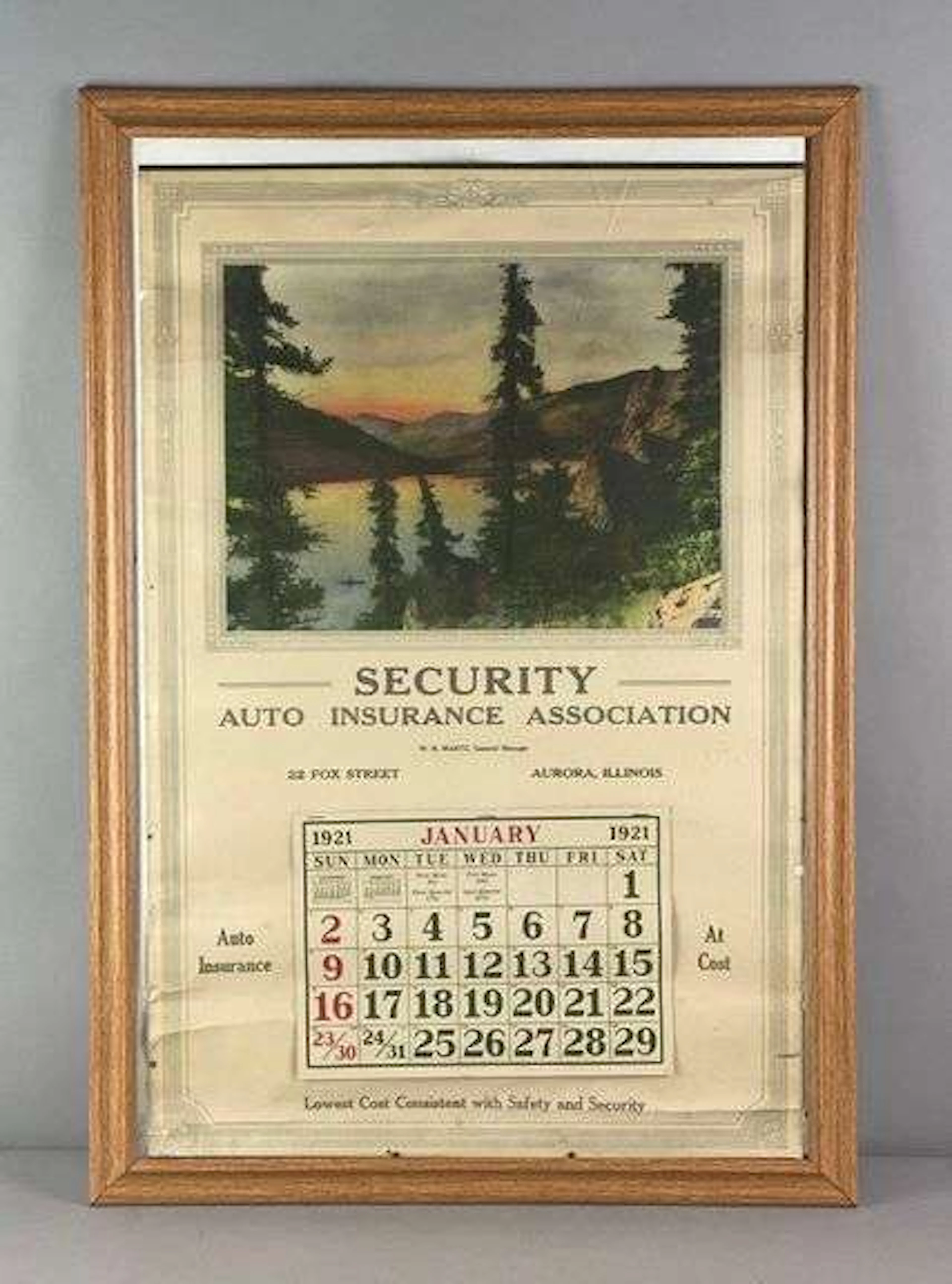 1921 Security Auto Insurance Assoc. Framed Art Calendar