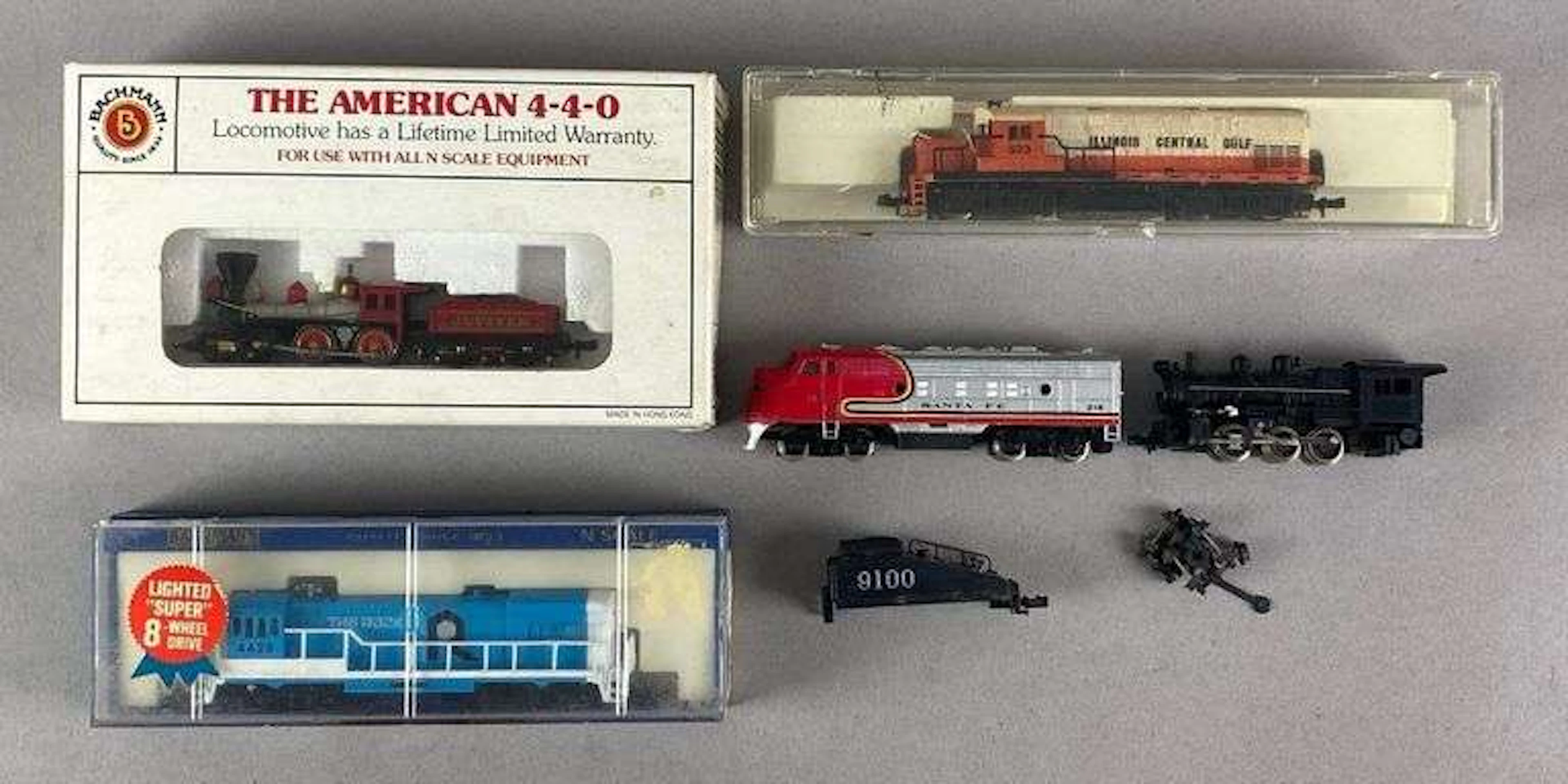 Group of N Scale Model Train Locomotives and More