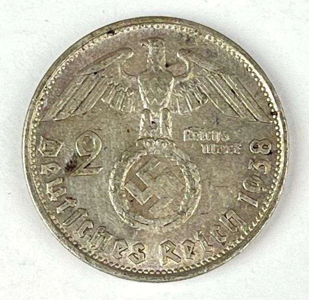 1938 WW2 German Paul von Hindenburg 2 Reichsmark Silver Coin