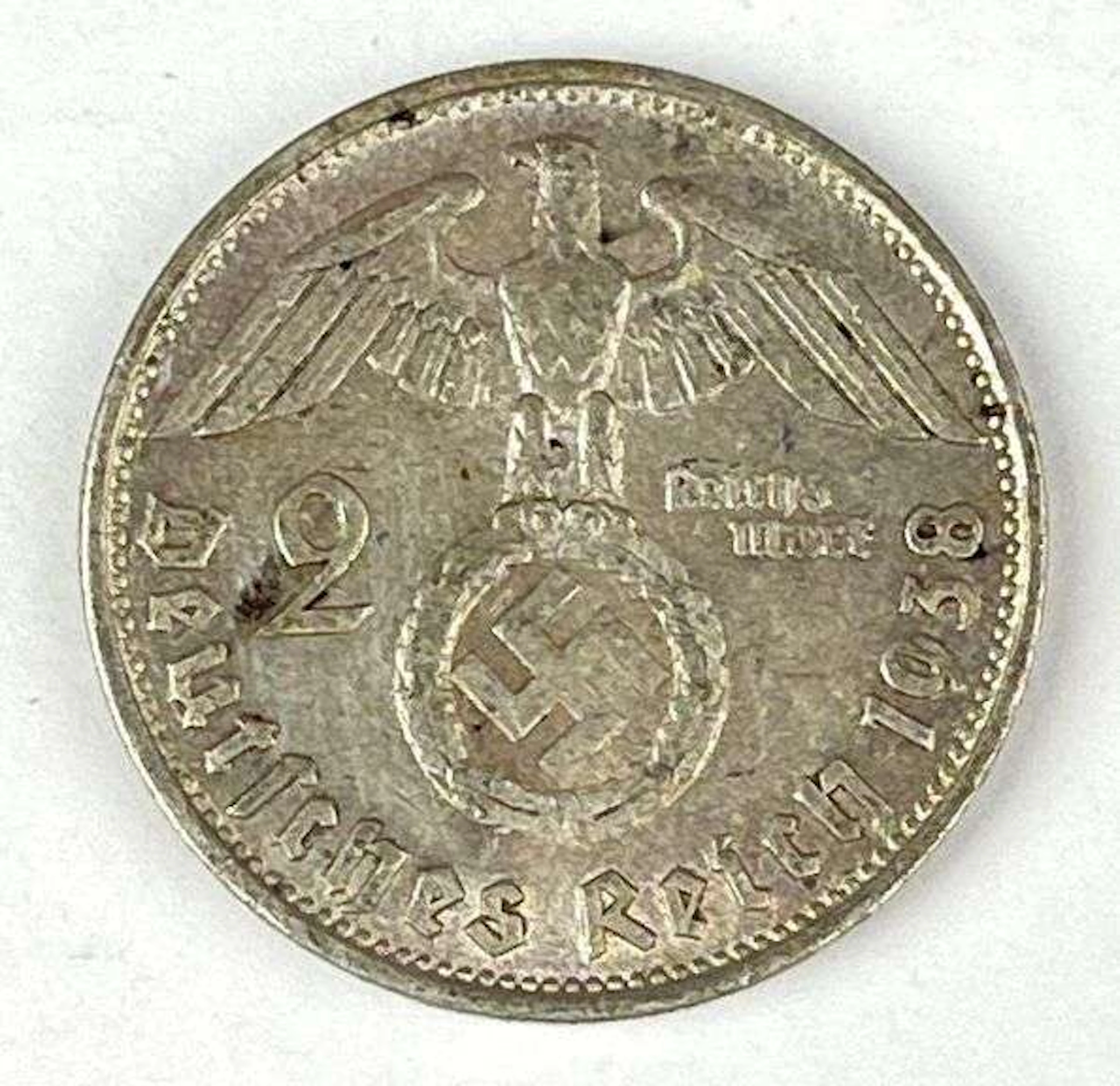 1938 WW2 German Paul von Hindenburg 2 Reichsmark Silver Coin