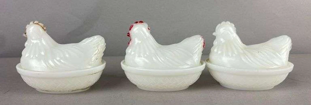 Group of 3 Antique 1930’s Indiana Glass Company Clear Glass Hen on