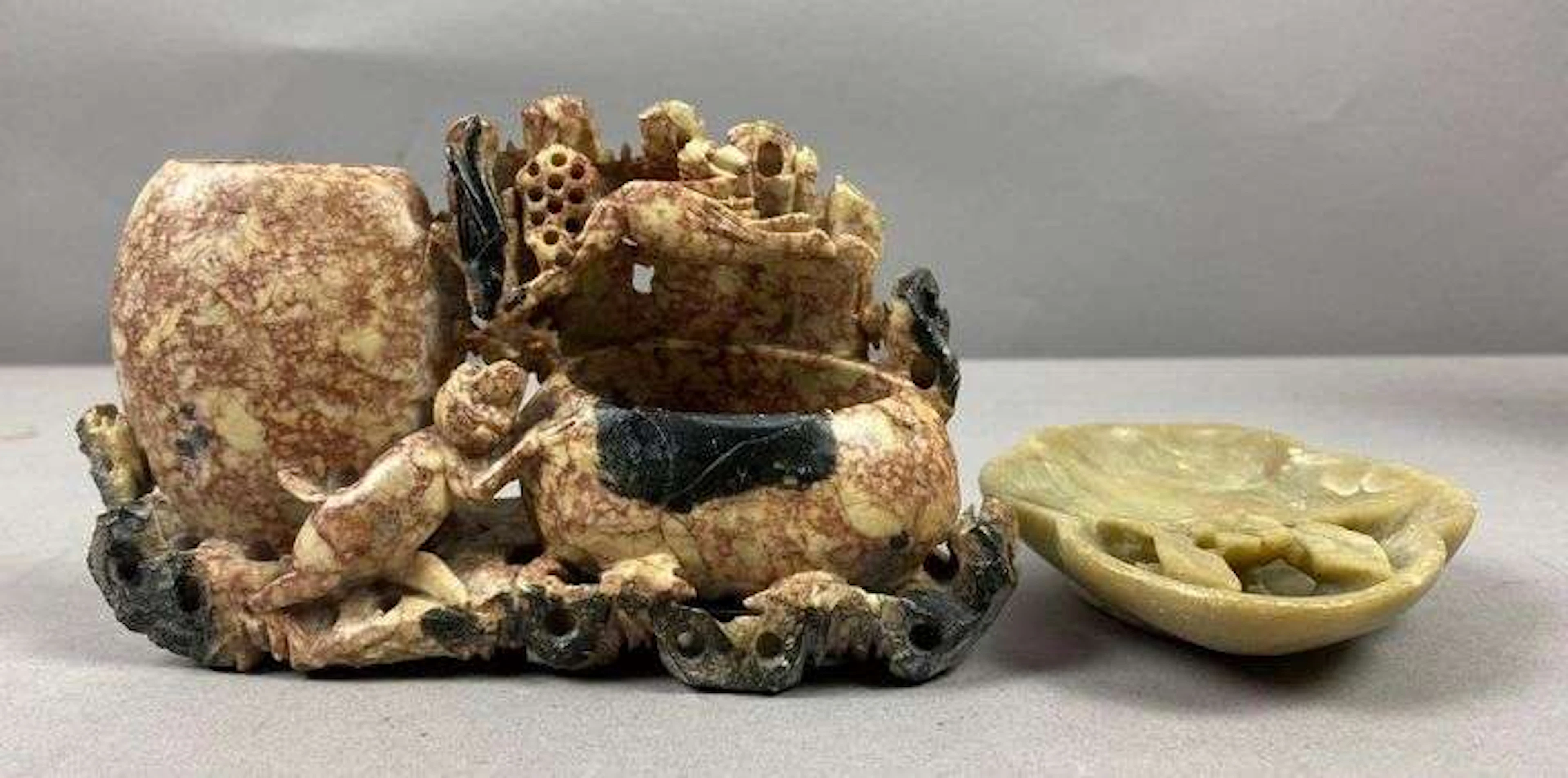 Group of 2 Antique Chinese Carved Soapstone Brush Pot and More