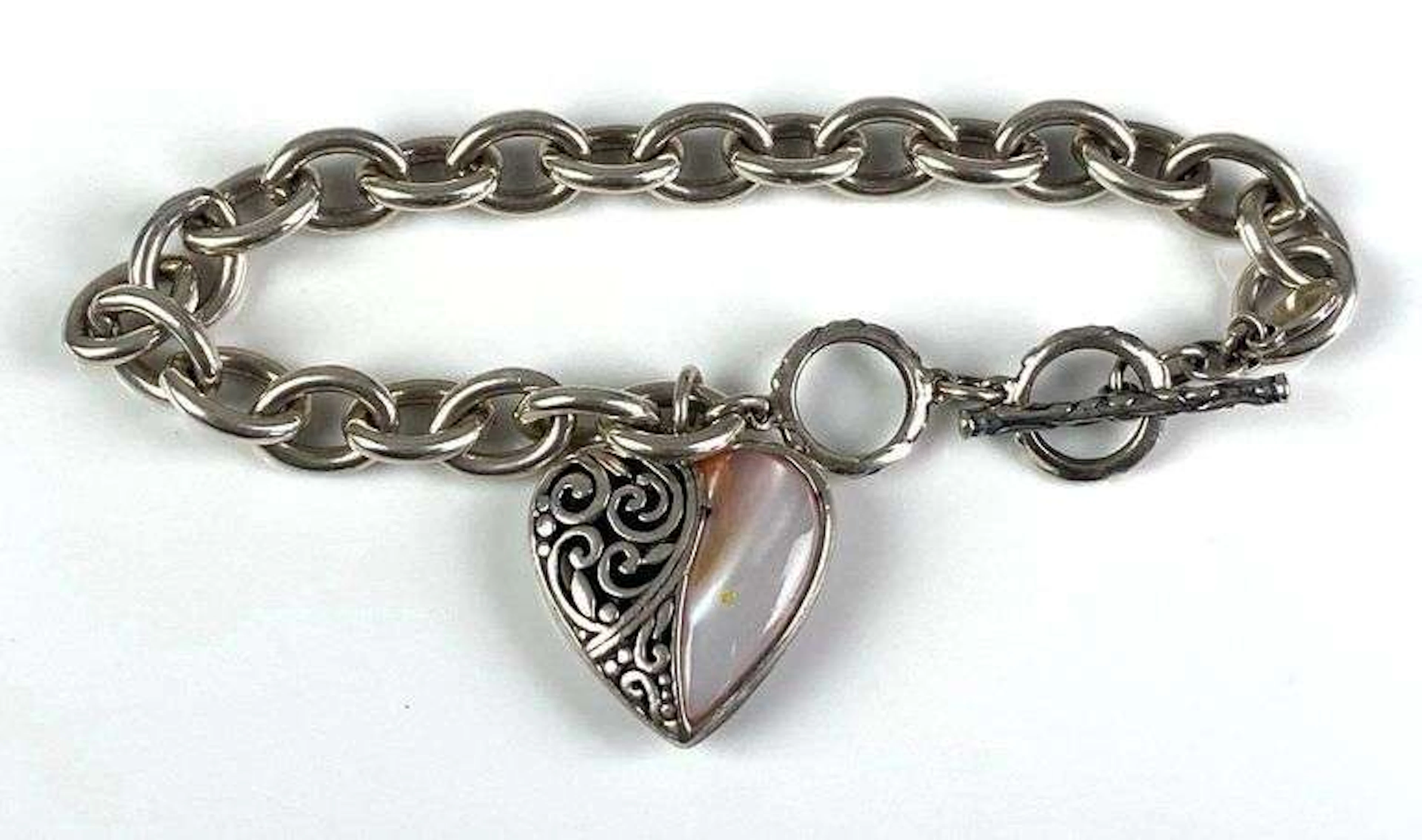 Sterling Silver Chain Toggle Bracelet with Openwork Abalone Shell Heart Charm