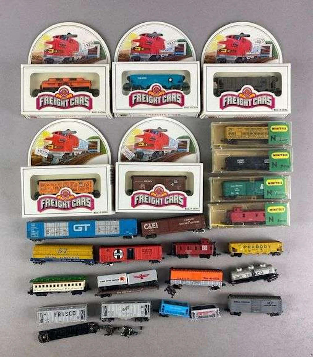 Group of N Scale Model Train Cars