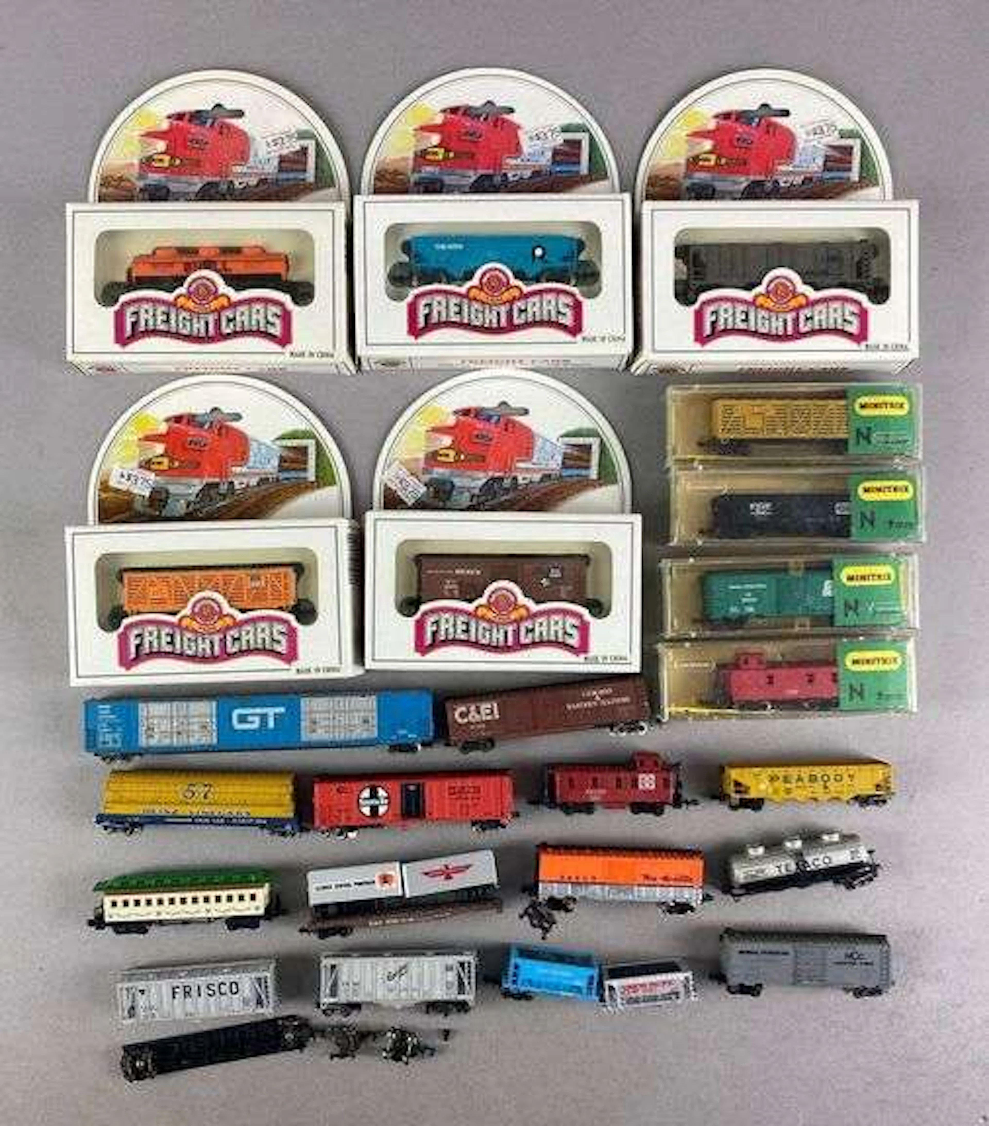 Group of N Scale Model Train Cars