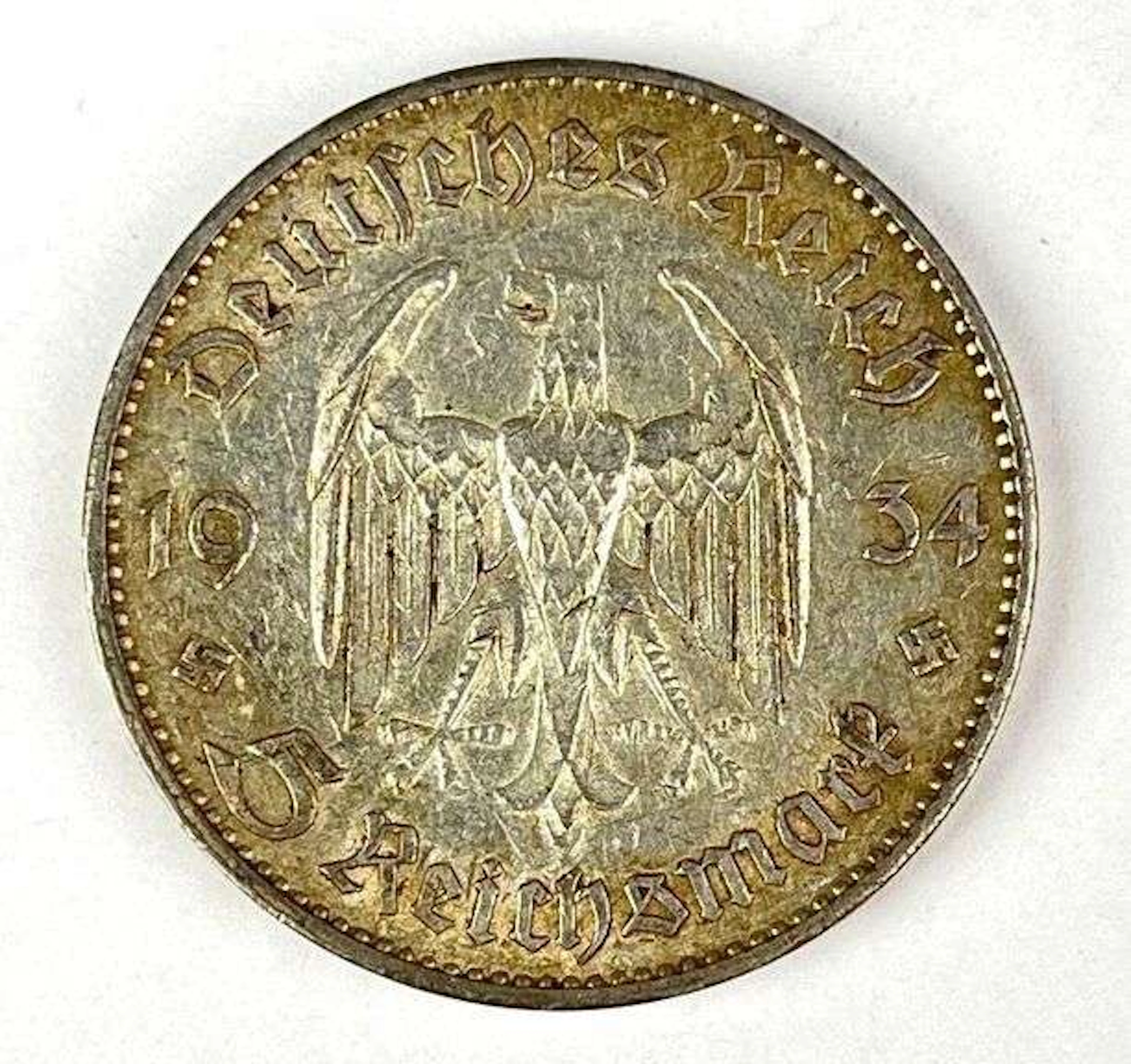 1934 WW2 German 5 Reichsmark Silver Coin