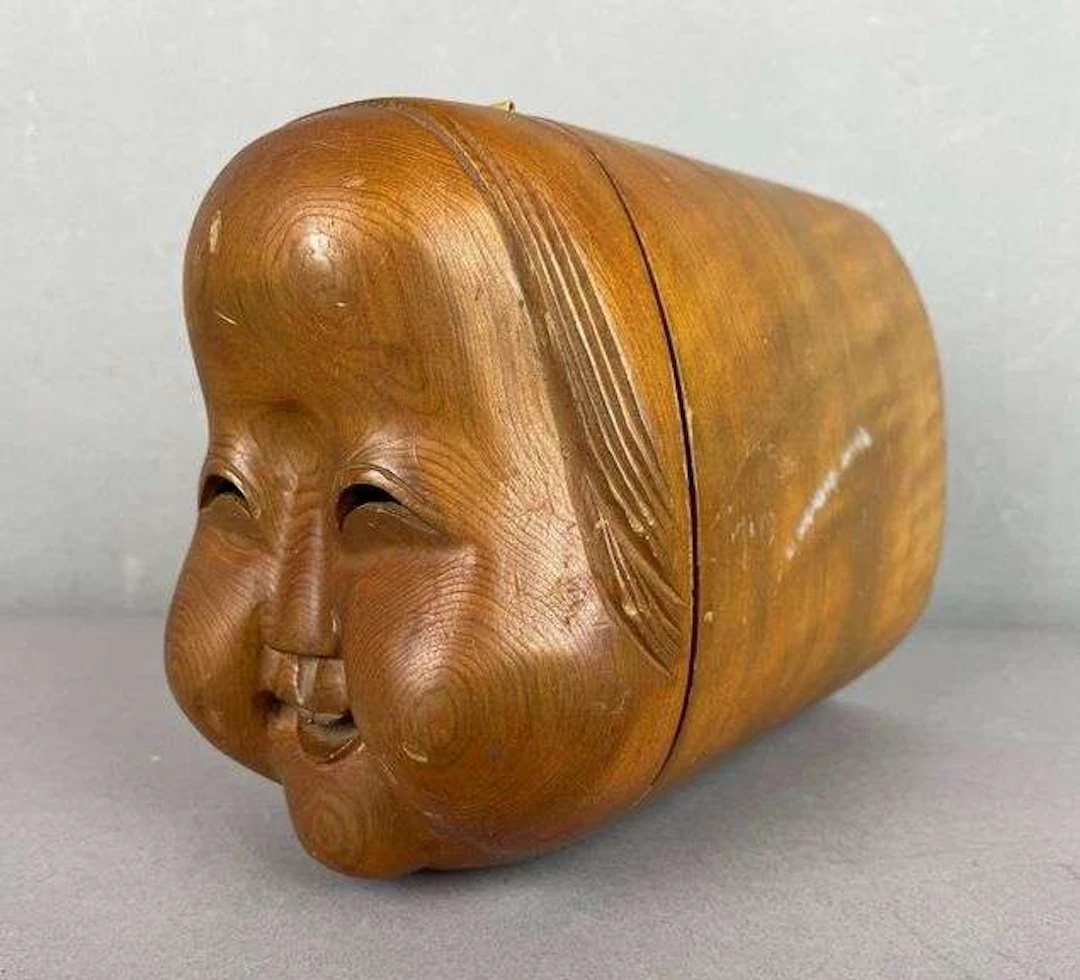 Vintage Japanese Carved Wood Otafuku Mask Box