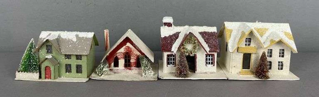 Group of 4 Vintage Cardboard Putz Glitter Houses