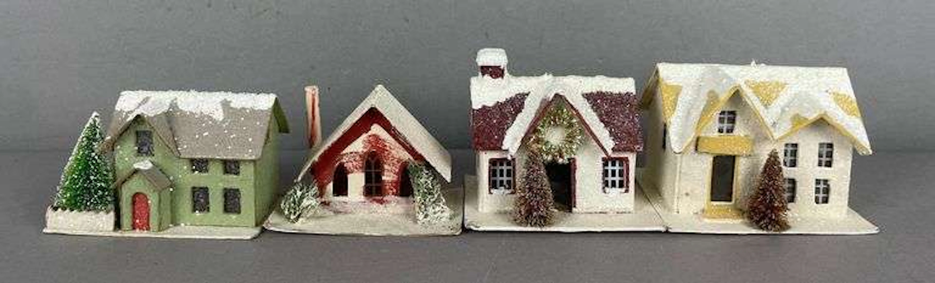 Group of 4 Vintage Cardboard Putz Glitter Houses