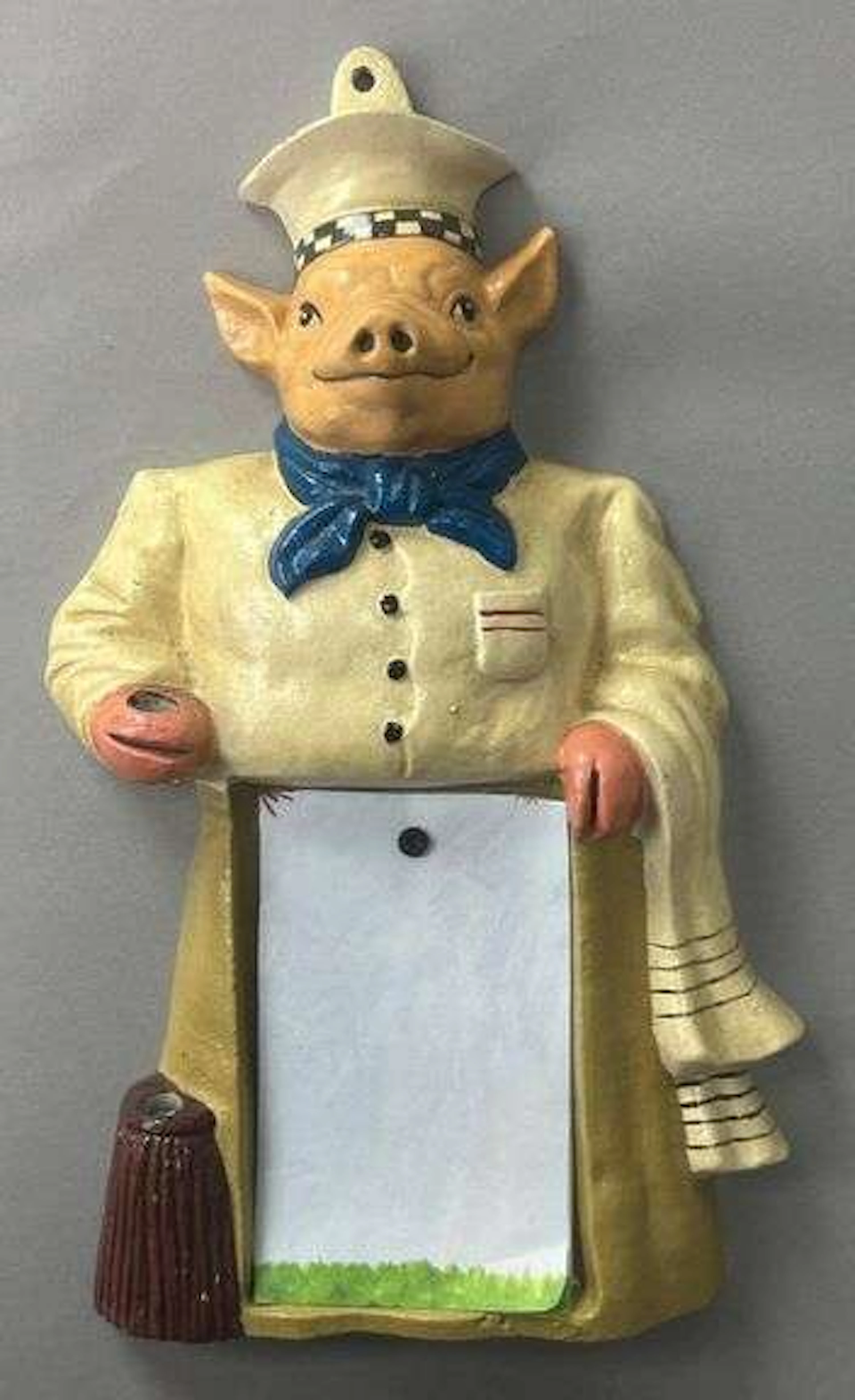Vintage Painted Cast Iron Chef Pig Wall Mount Memo Pad