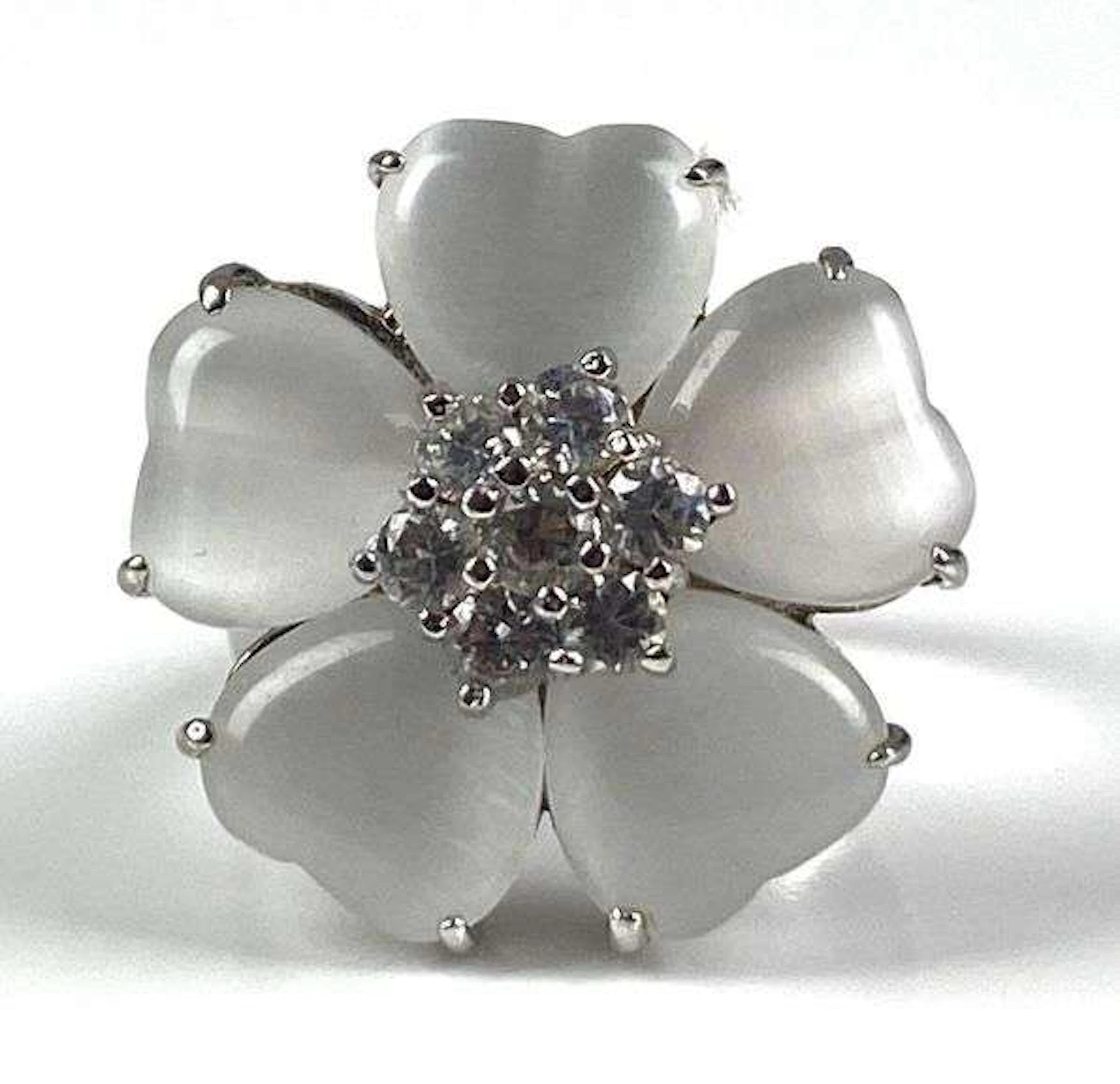 Sterling Silver Moonstone Rhinestone Floral Ring