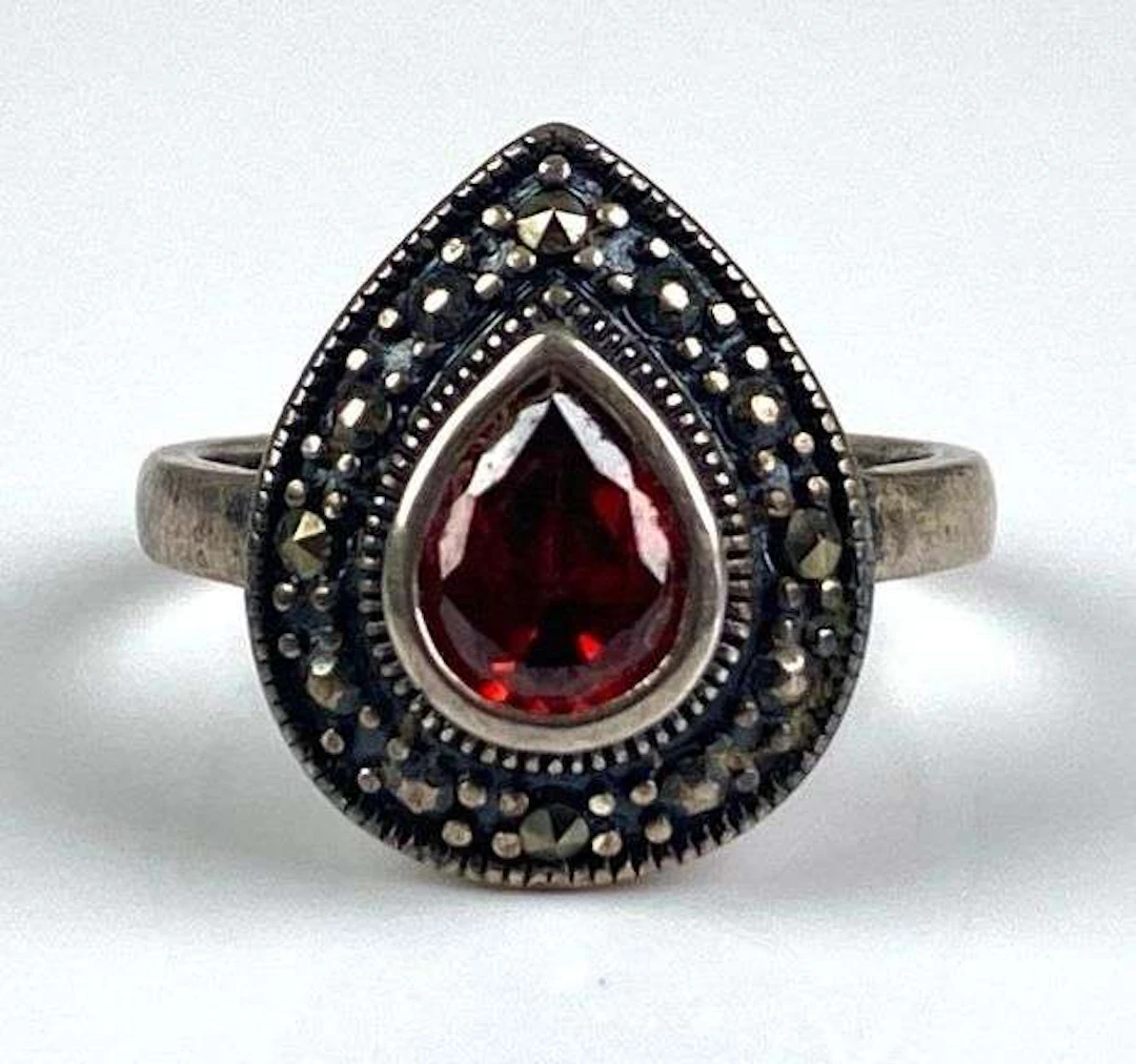 Signed Sterling Silver Garnet Marcasite Ring