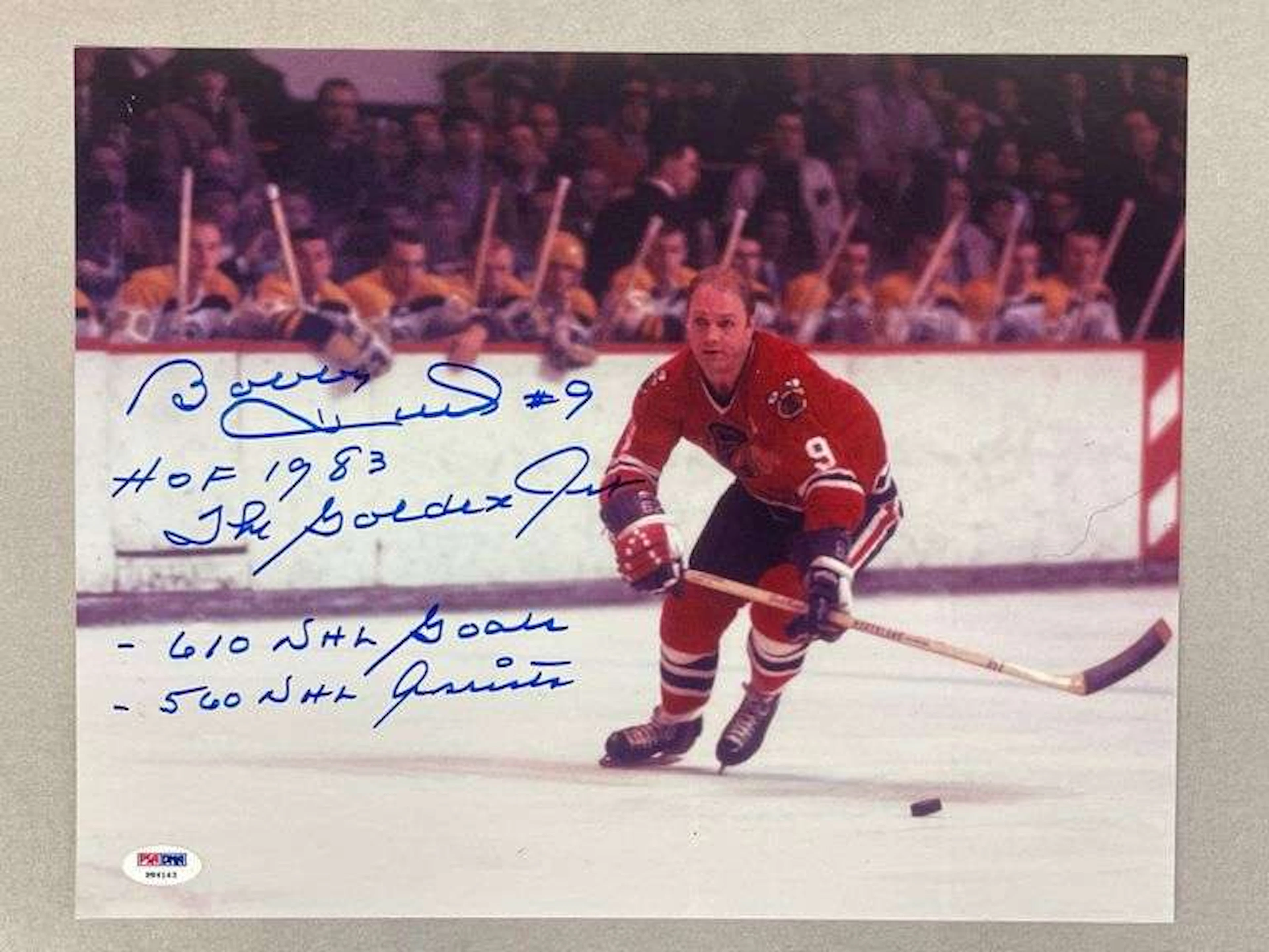 Bobby Hull Signed 14x11 Photo with Inscriptions and PSA COA