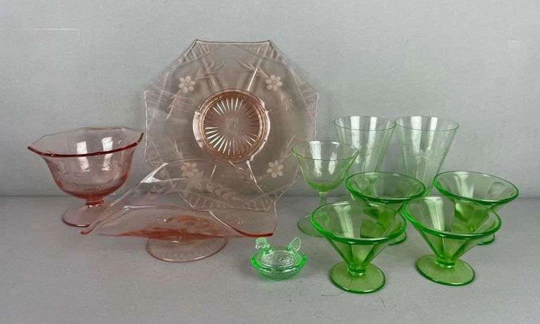 Group of Vintage Depression and Uranium Glass Dishes