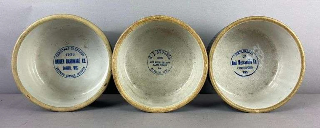 Group of 3 Antique Stoneware Advertising Mixing Bowls