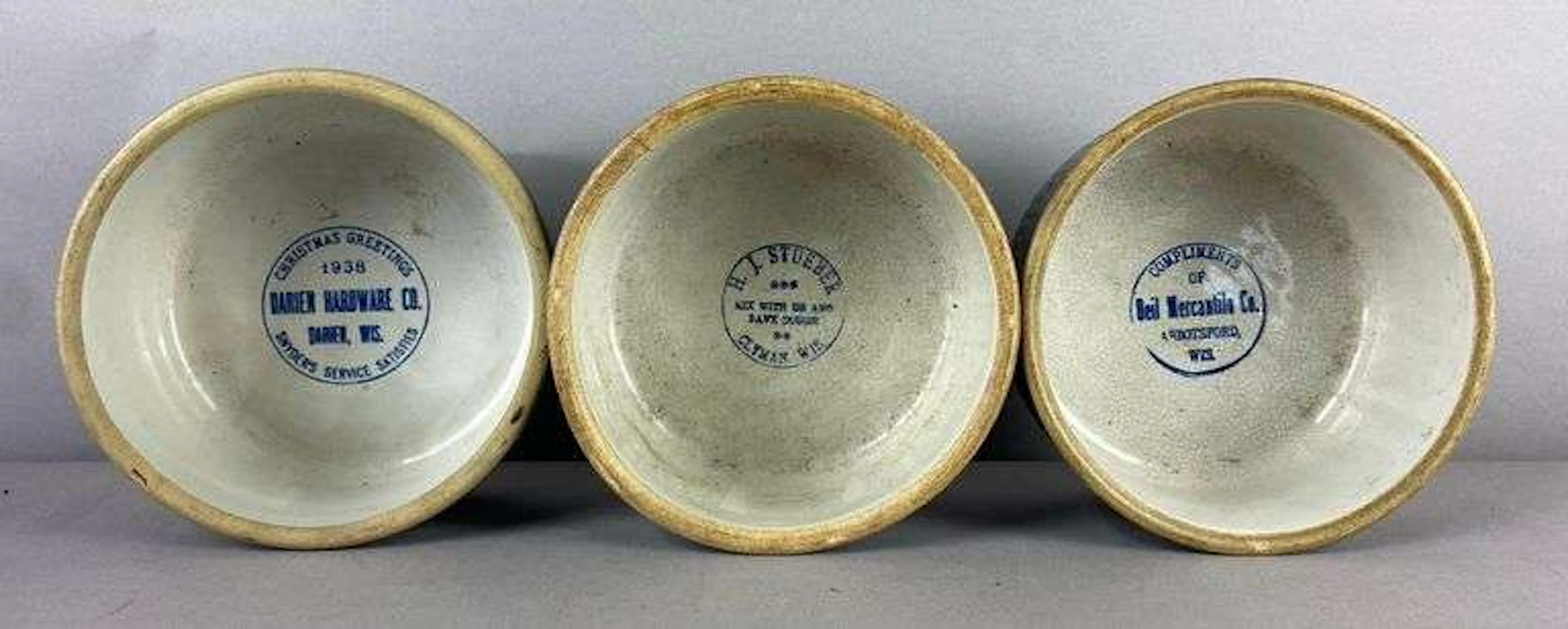 Group of 3 Antique Stoneware Advertising Mixing Bowls