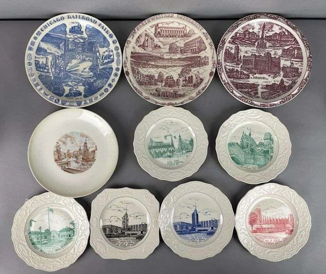 Group of 1933/34 Chicago Worlds Fair Souvenir Plates and More