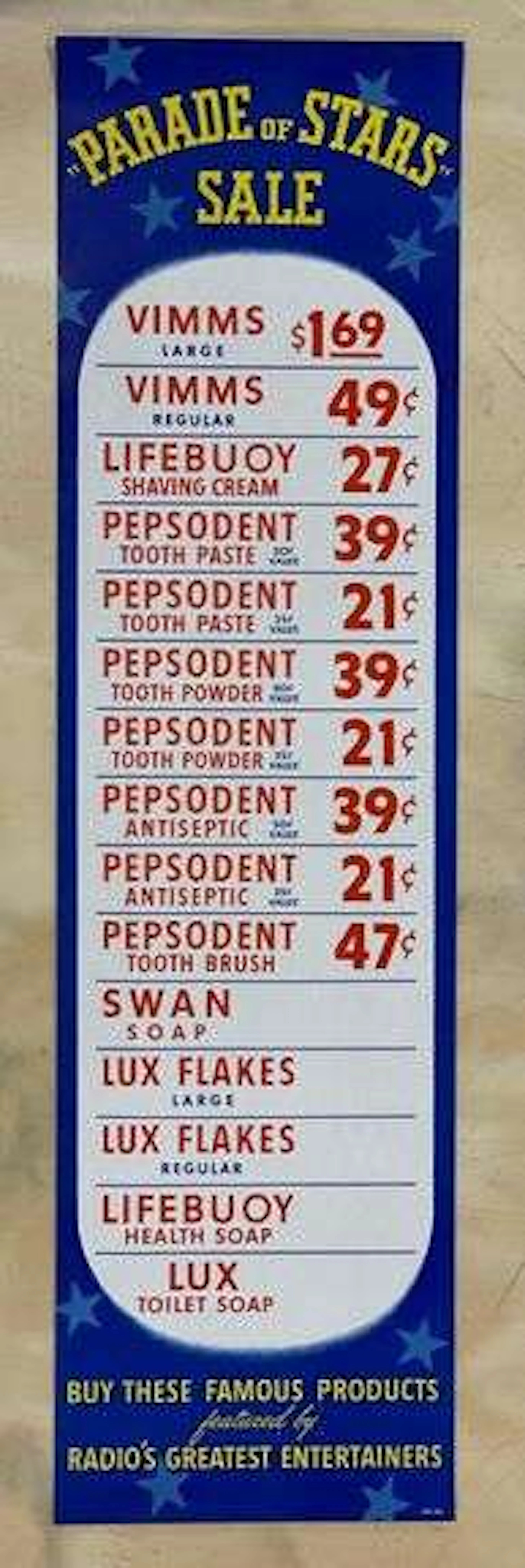 Vintage 1940s Pepsodent Parade of Stars Advertising Poster