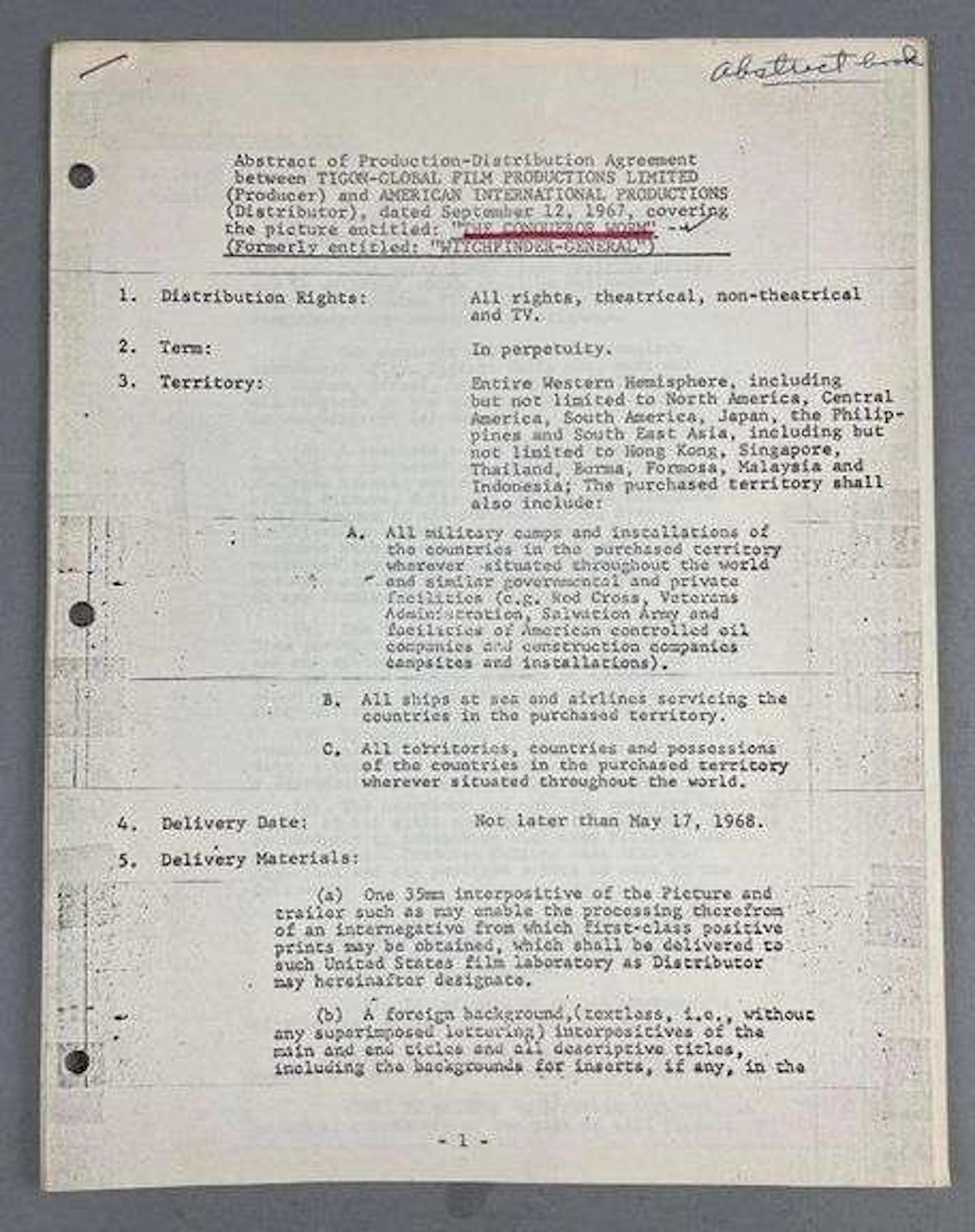 Group of 1967 The Conqueror Worm Legal Documents