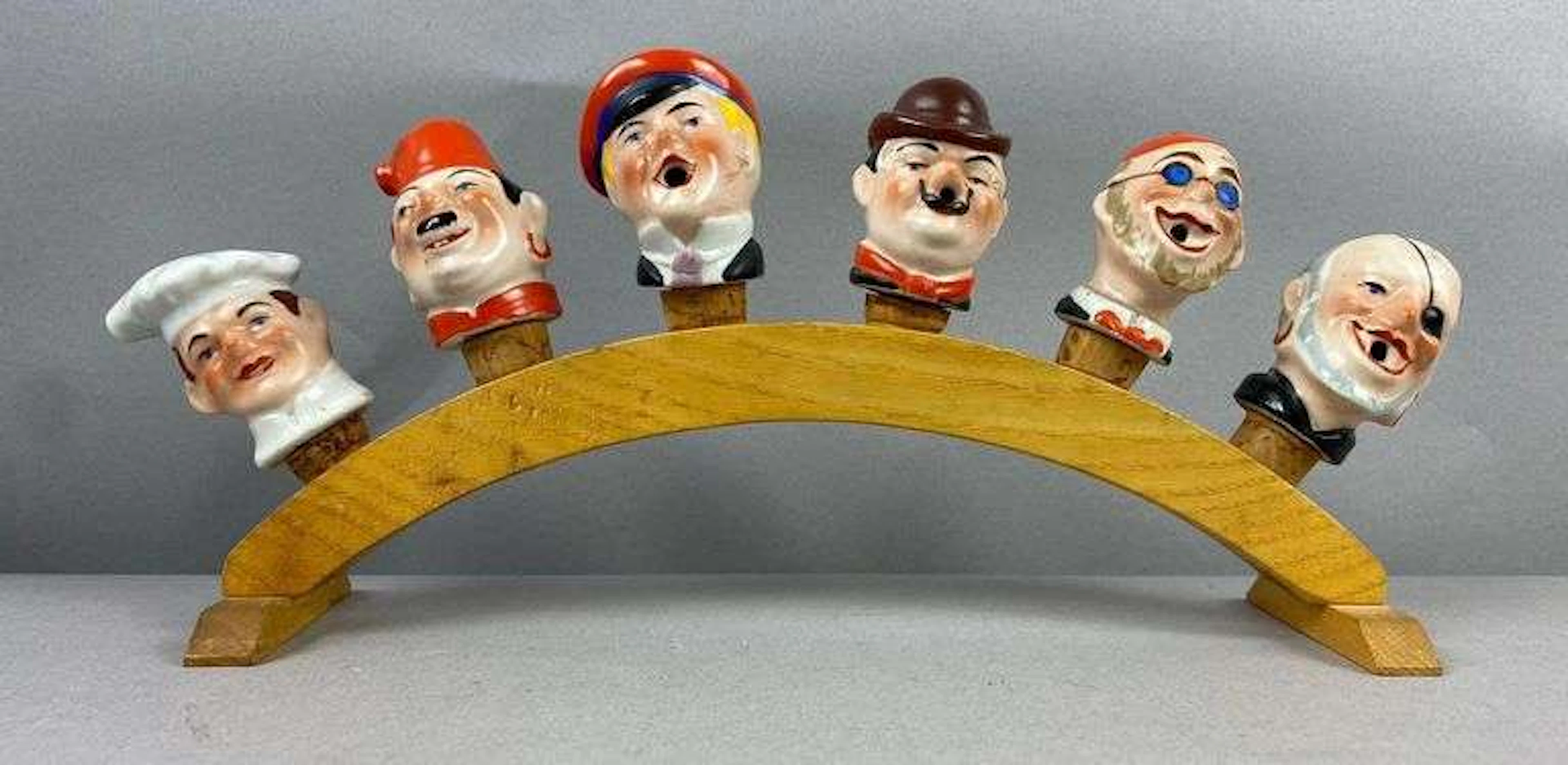 Group of 6 Vintage German Porcelain Figural Men Bust Bottle Stoppers