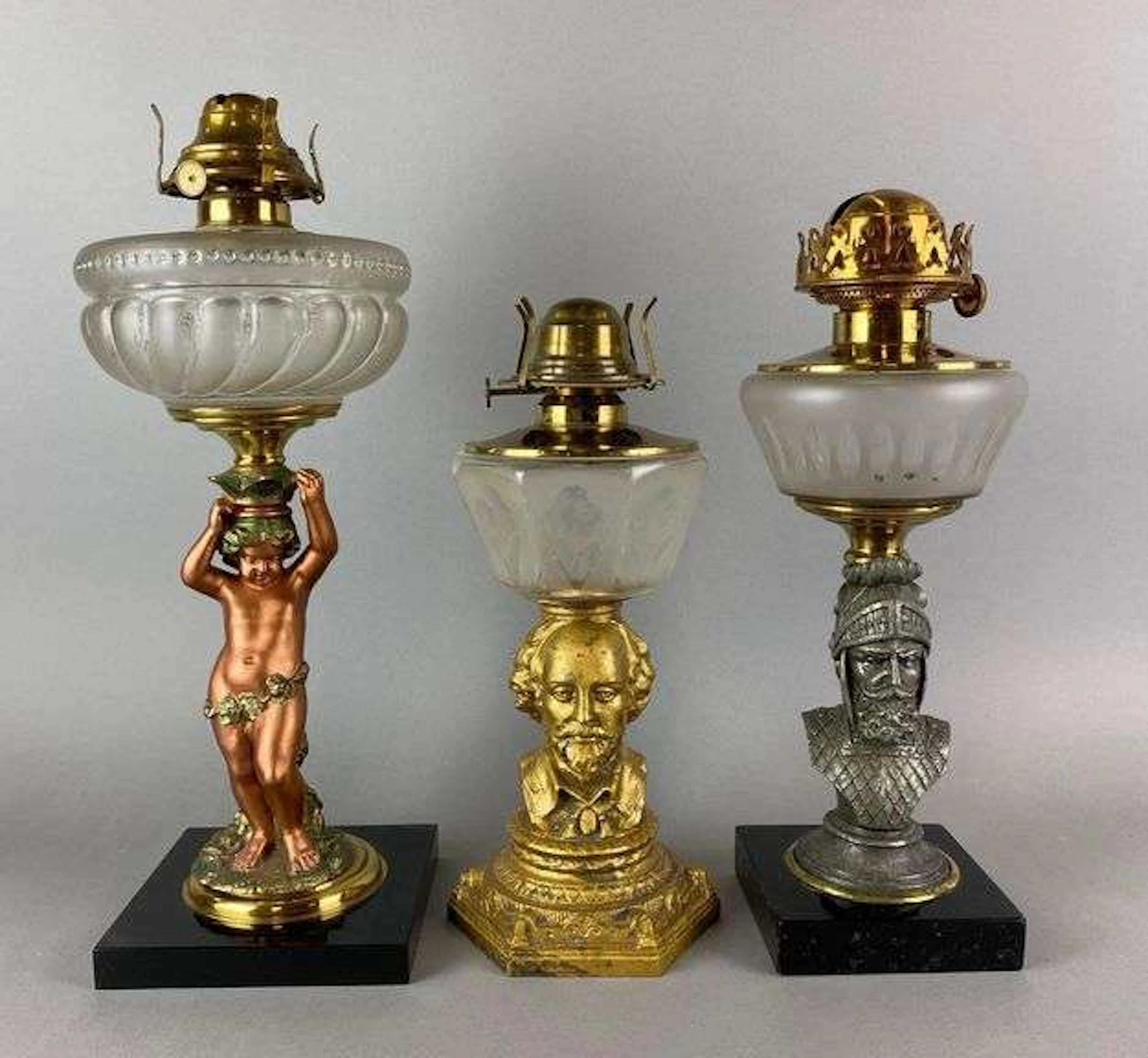 Group of 3 Antique Victorian Figural Oil Lamps