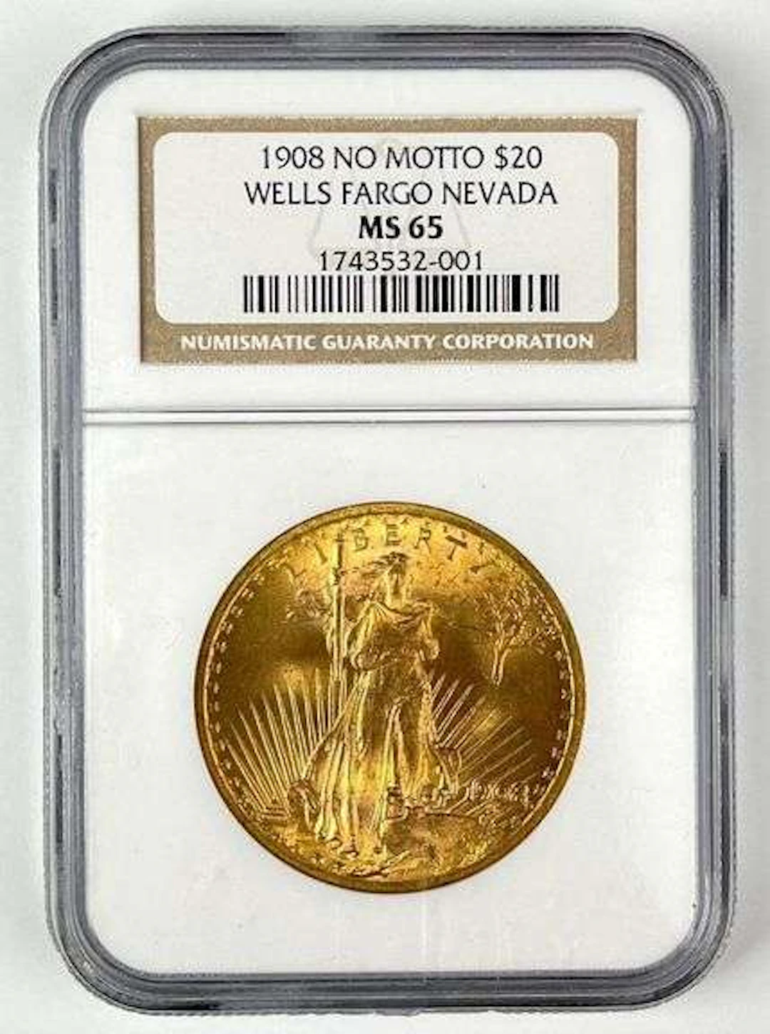 1908 No Motto US $20 St Gaudens Gold Coin NGC MS65