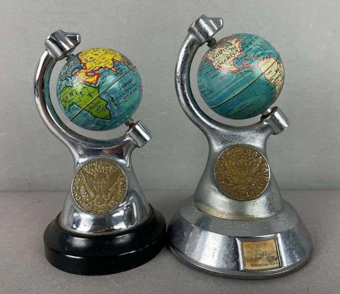Group of 2 1933/34 Chicago Worlds Fair Souvenir Globe Paperweights