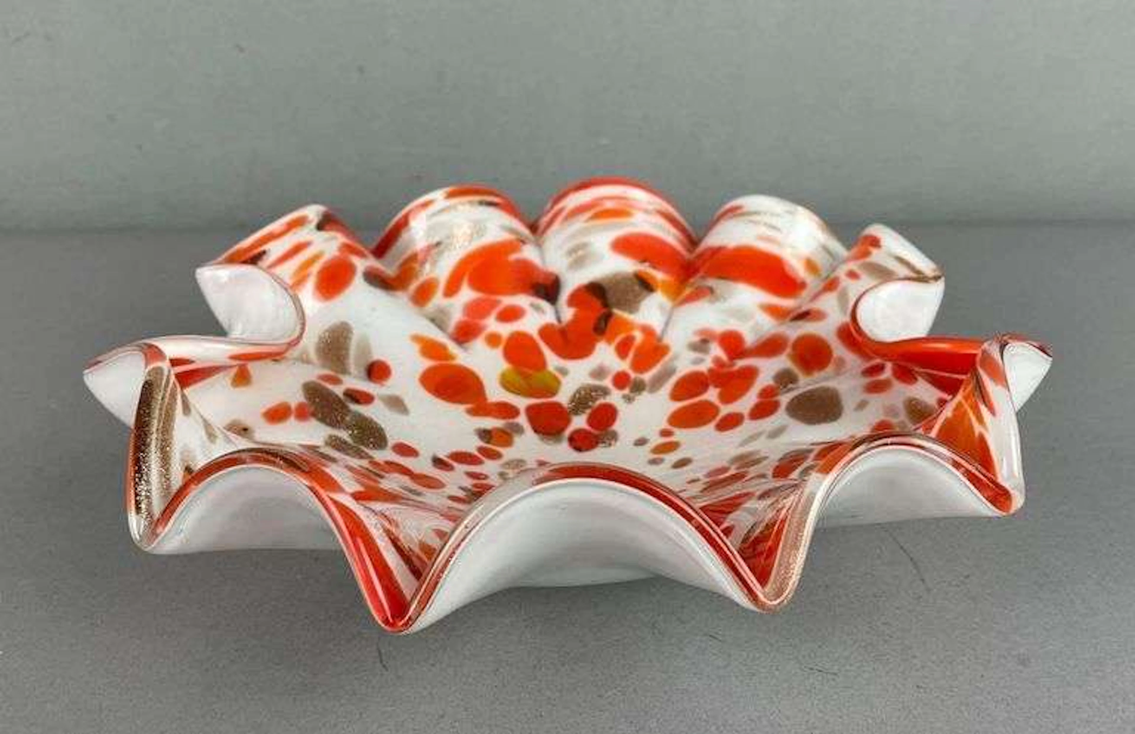 MCM Murano Orange and Gold Confetti Ruffle Glass Bowl