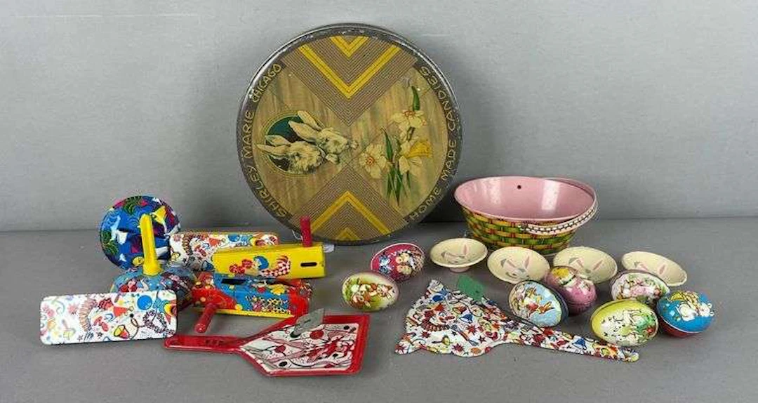 Group of Vintage Tin Litho Easter Items and Noisemakers