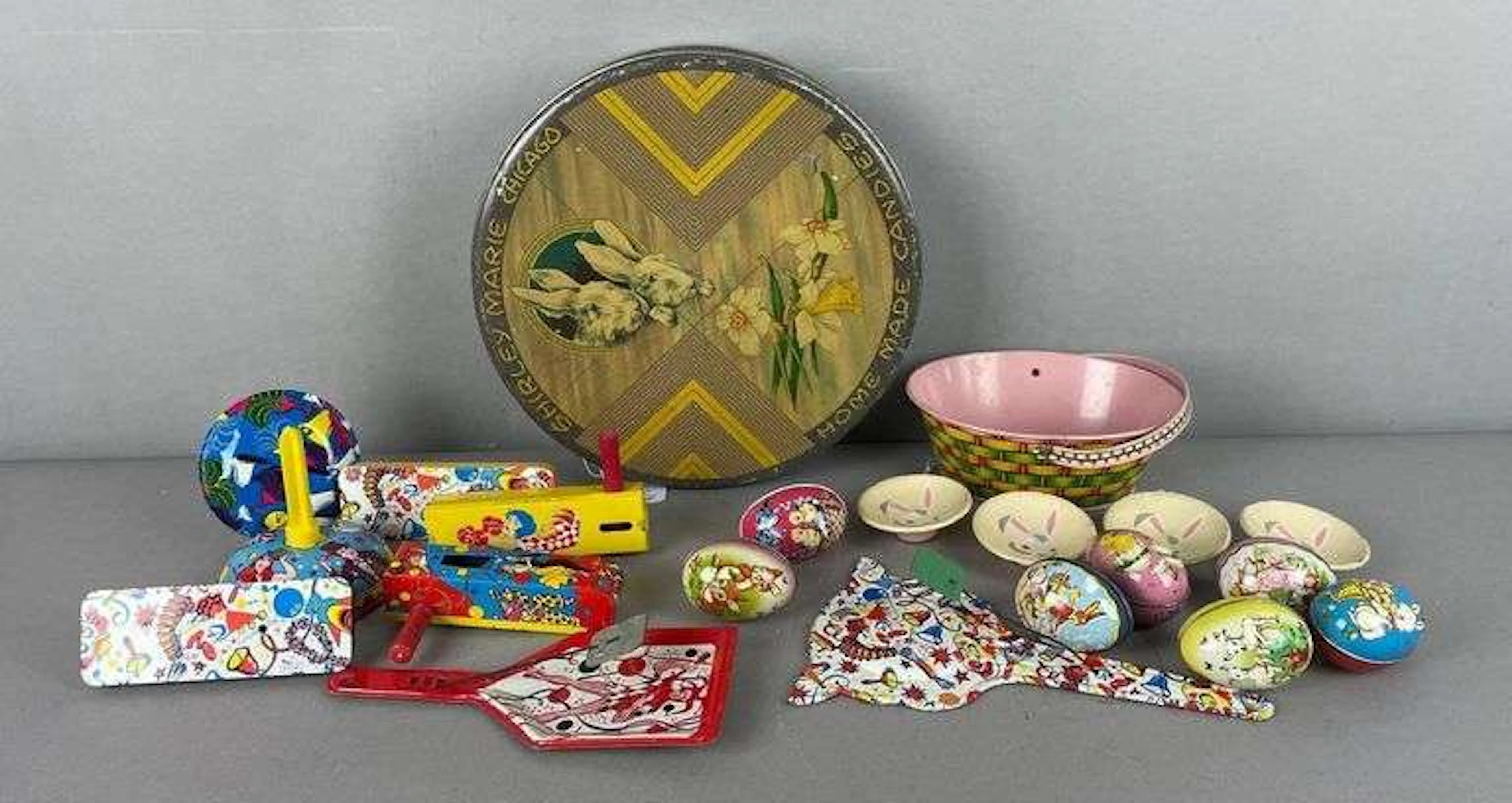 Group of Vintage Tin Litho Easter Items and Noisemakers